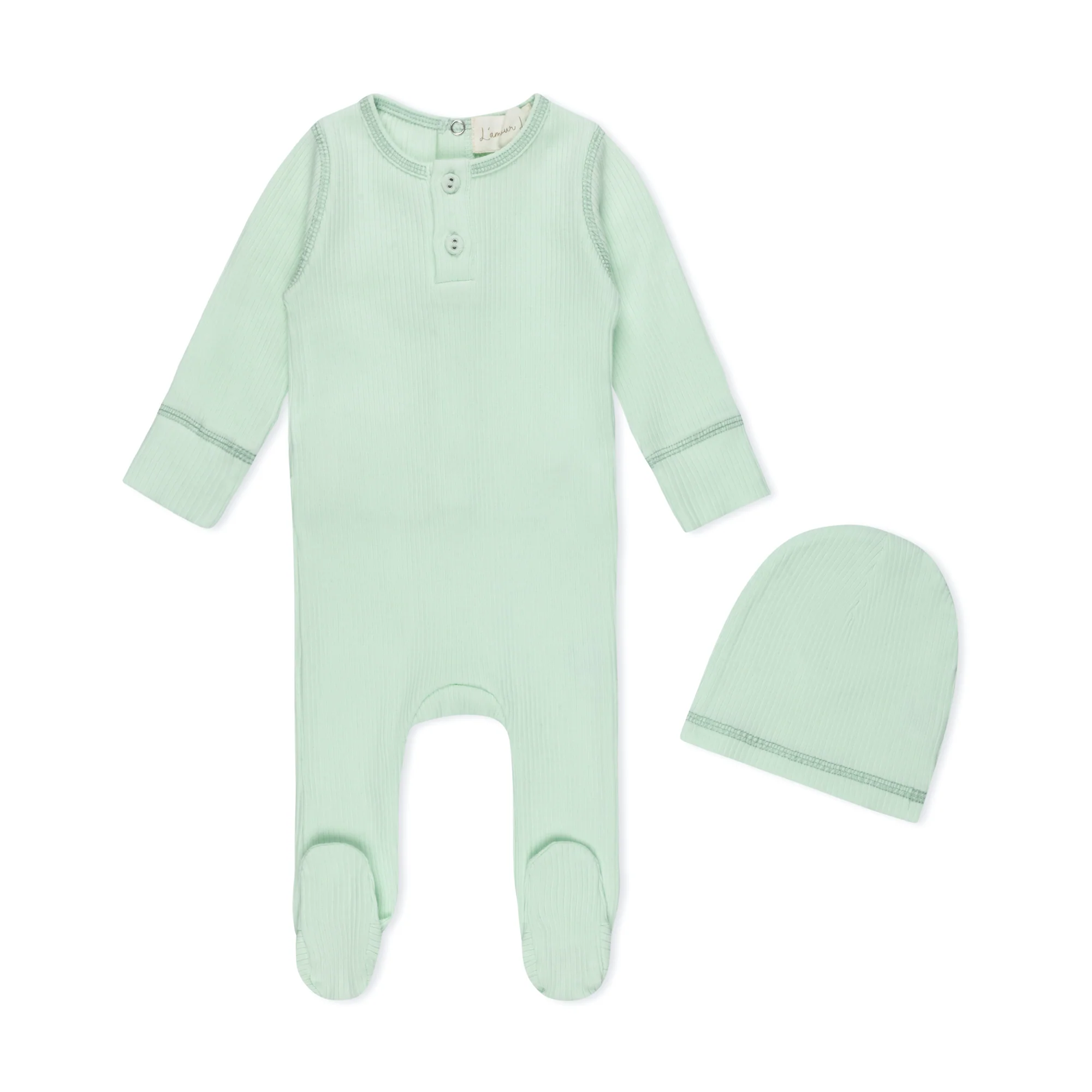Lamour Lou Spearmint Ribbed Henley Footie+Hat