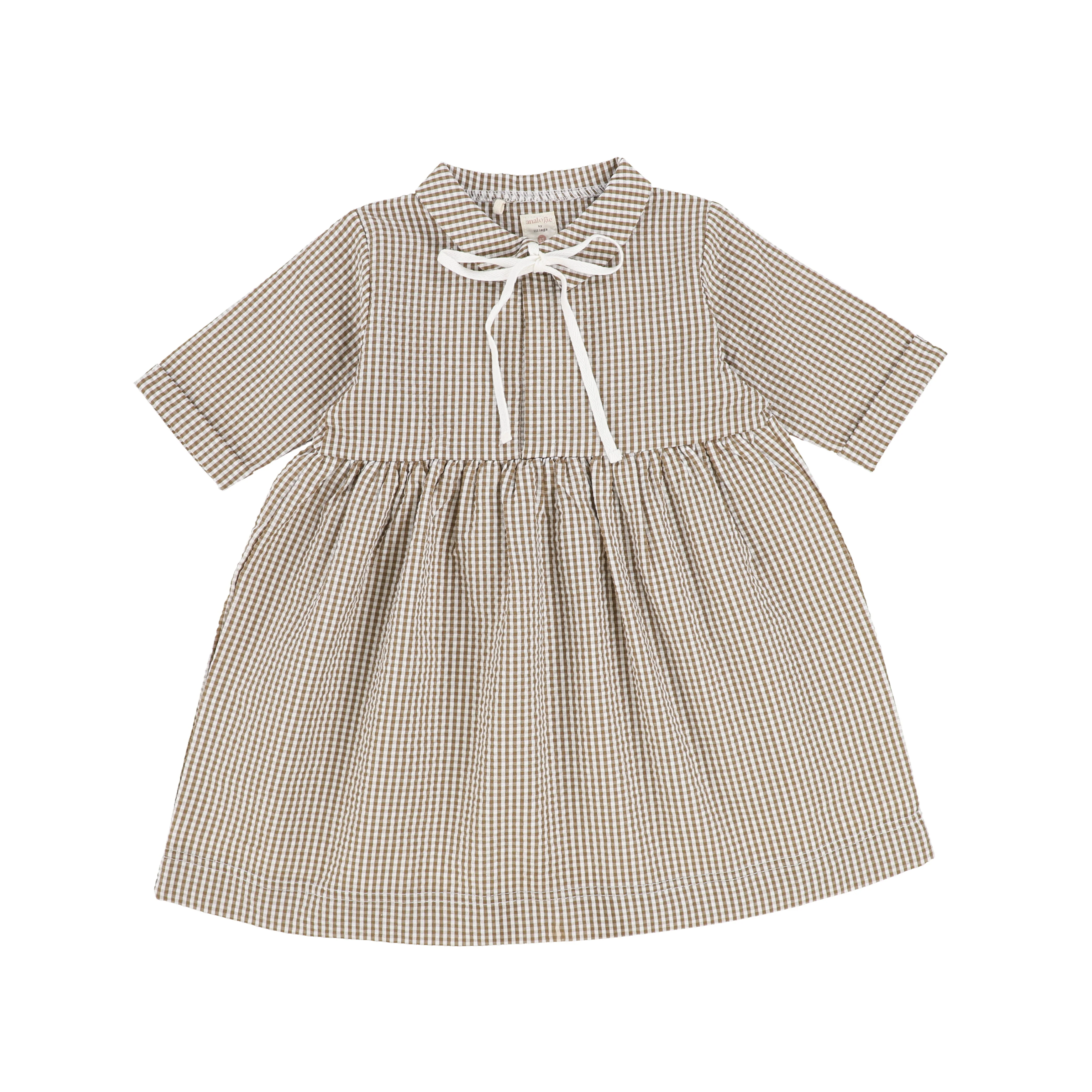 Lil Legs Caramel Gingham Three Quarter Sleeve Dress