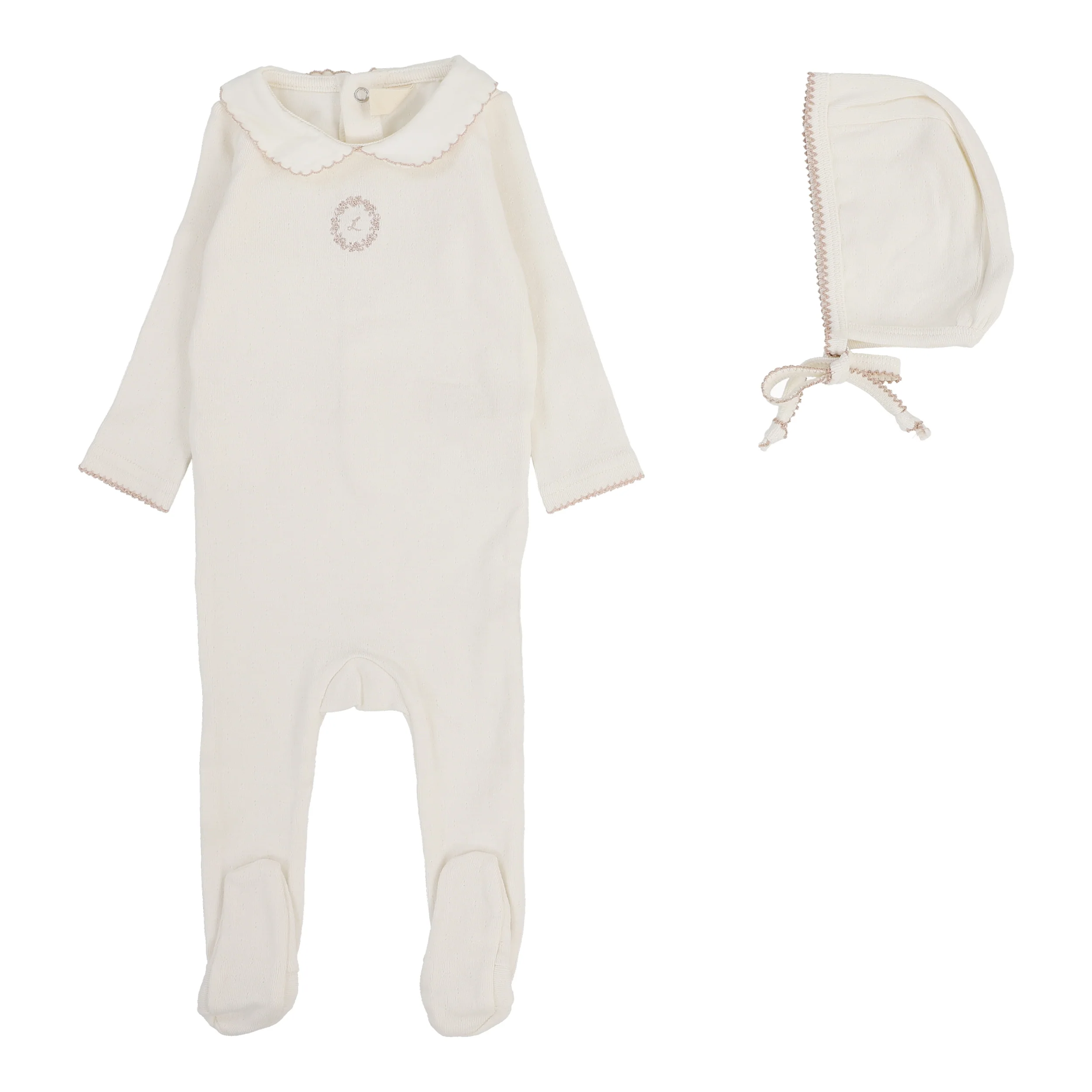 Lilette By Lil Legs Emblem Embroidered Footie Set Cream/Pink