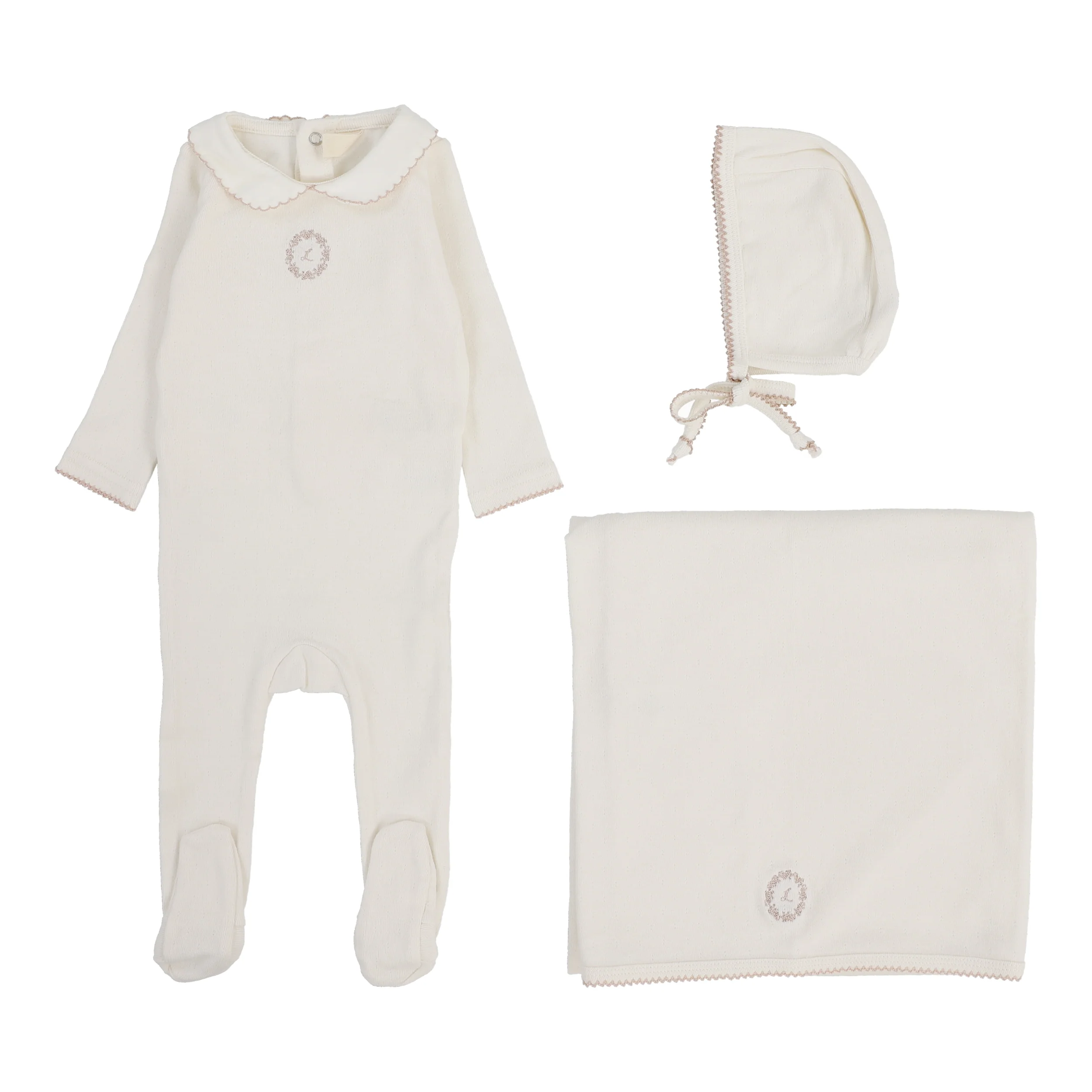 Lilette By Lil Legs Emblem Embroidered Layette Set Cream/Pink