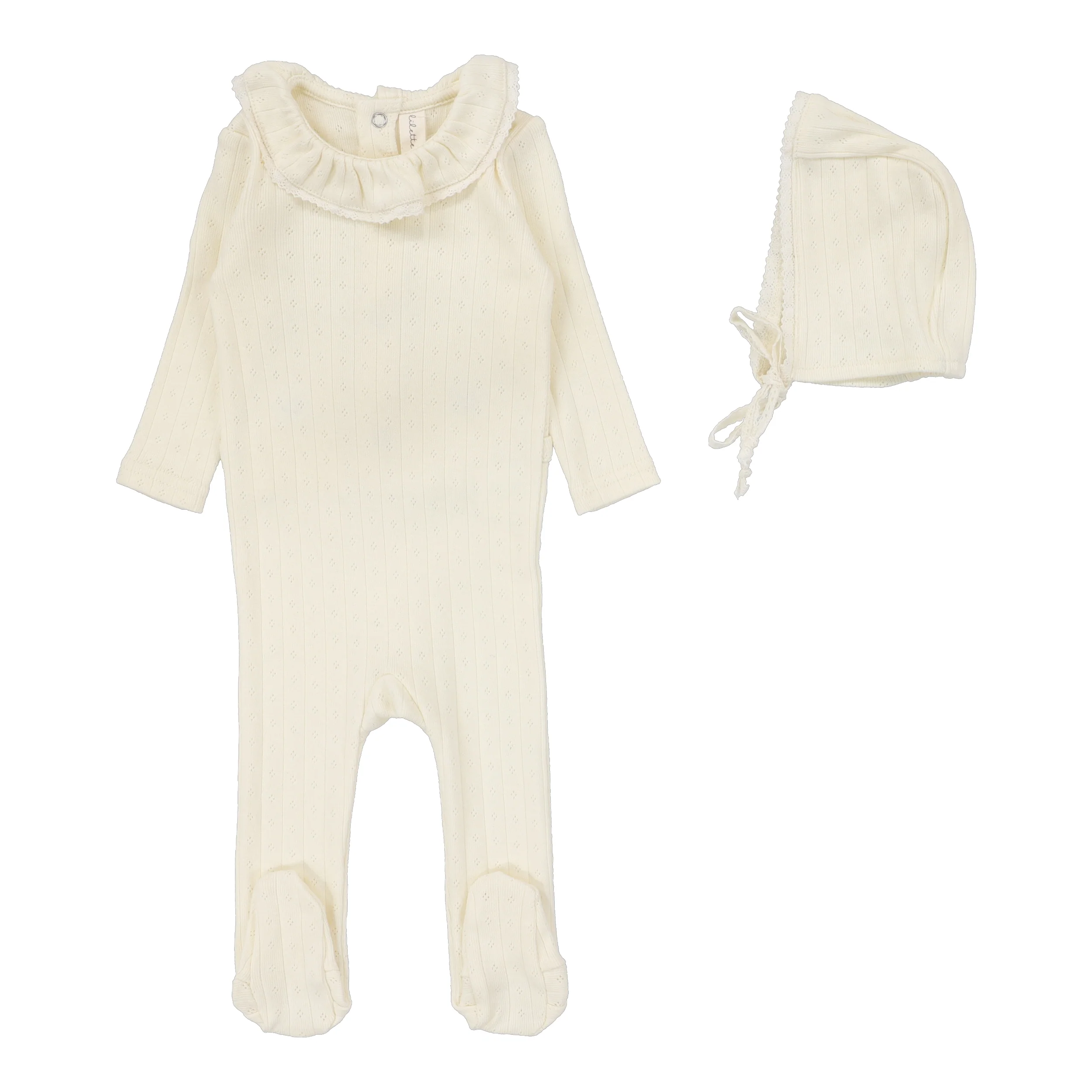 Lilette By Lil Legs Fine Pointelle Collar Footie Set Cream Ruffle