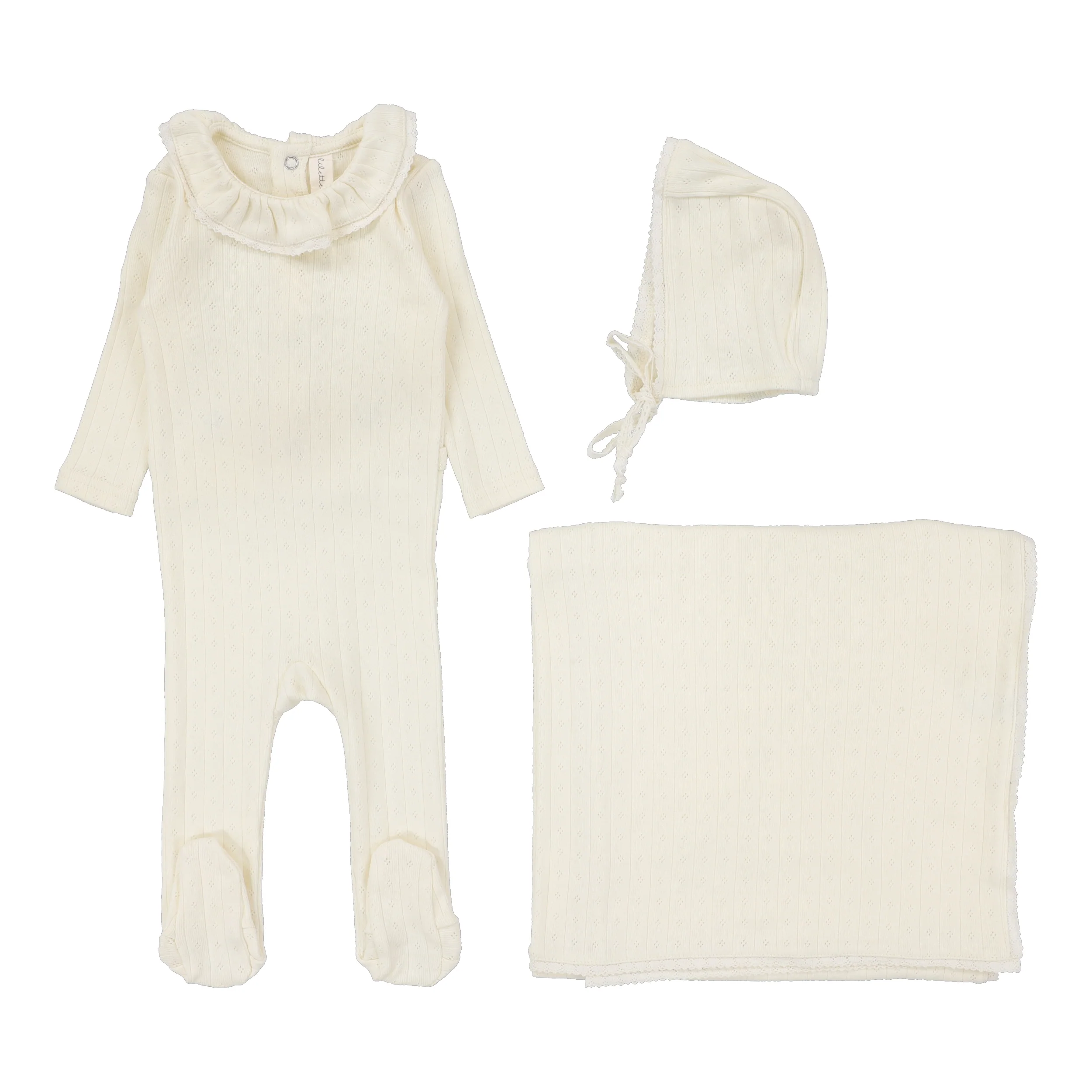 Lilette By Lil Legs Fine Pointelle Collar Layette Set Cream Ruffle