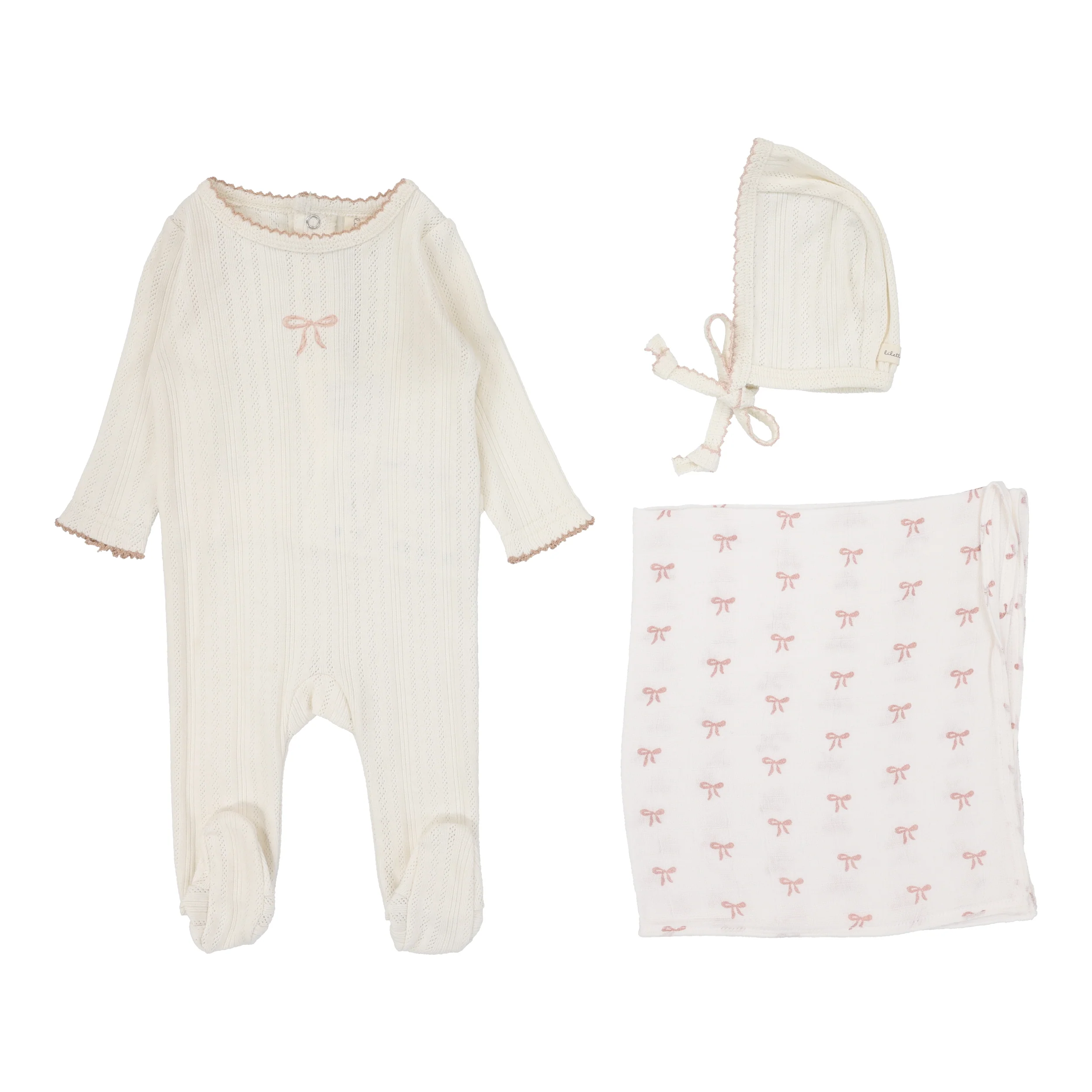 Lilette By Lil Legs Pointelle Graphic Layette Set Cream/Pink Bow