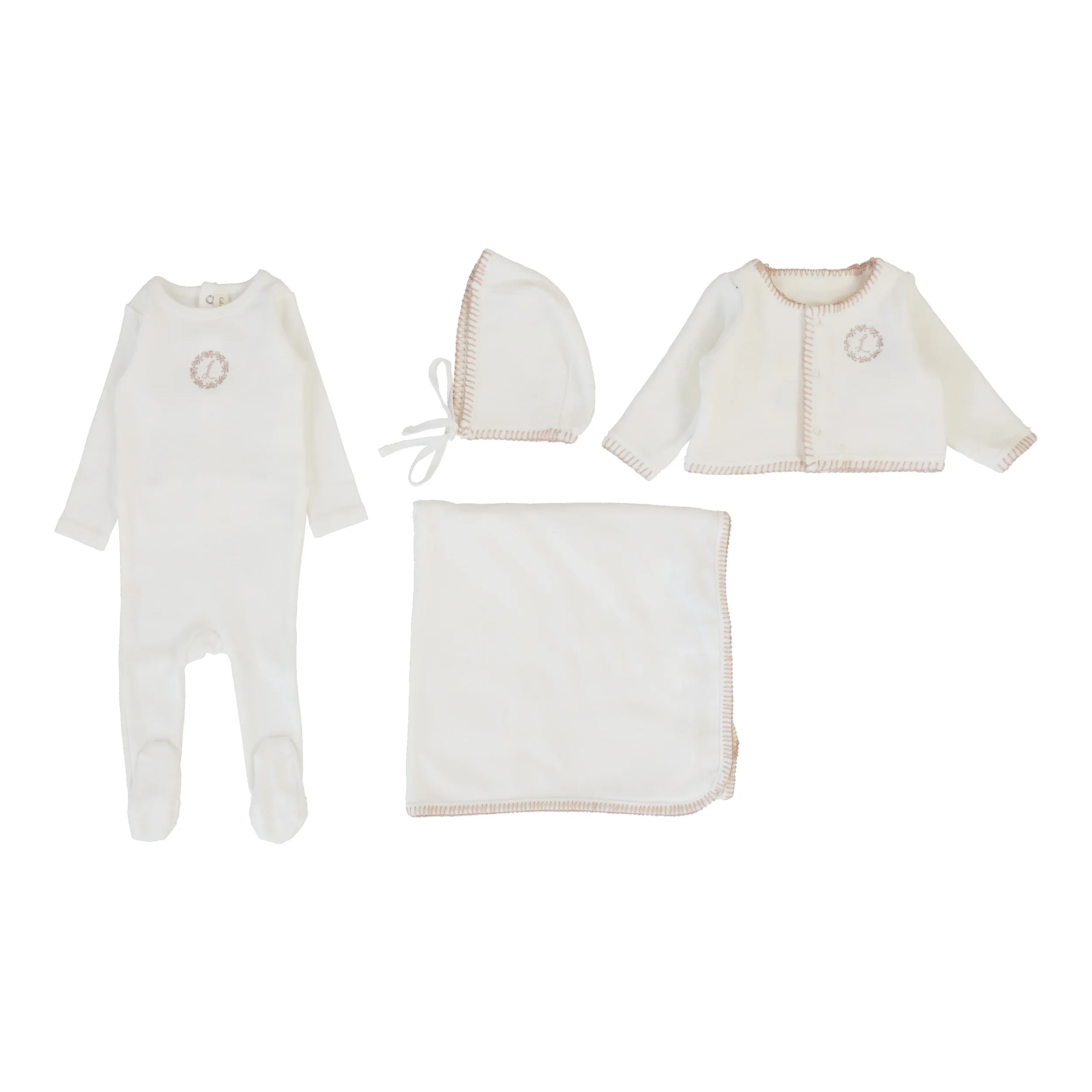 Lilette By Lil Legs Velour Cardi Layette Set Cream/Pink