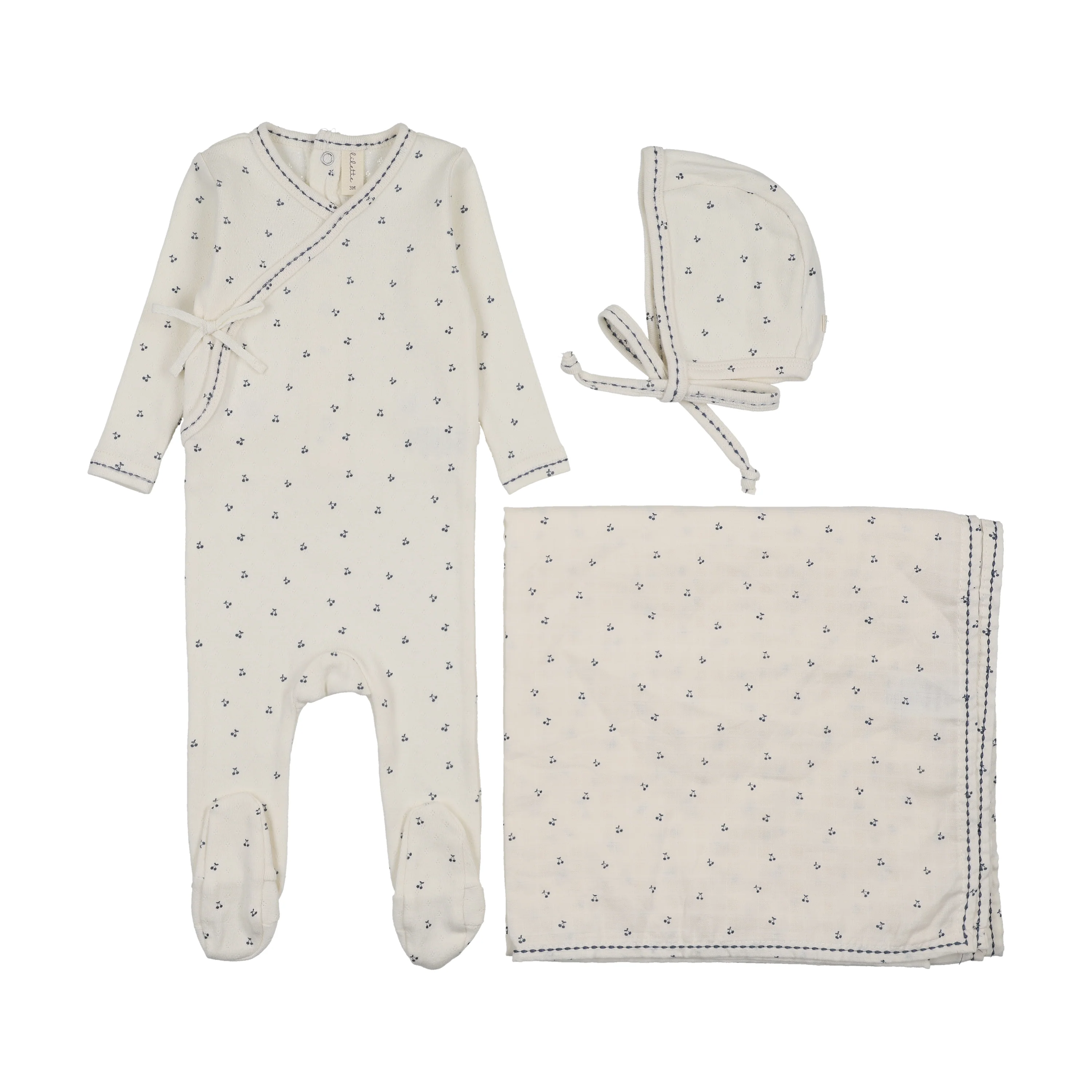 Lilette Cherry Scallop Layette Set - Cream/Blue