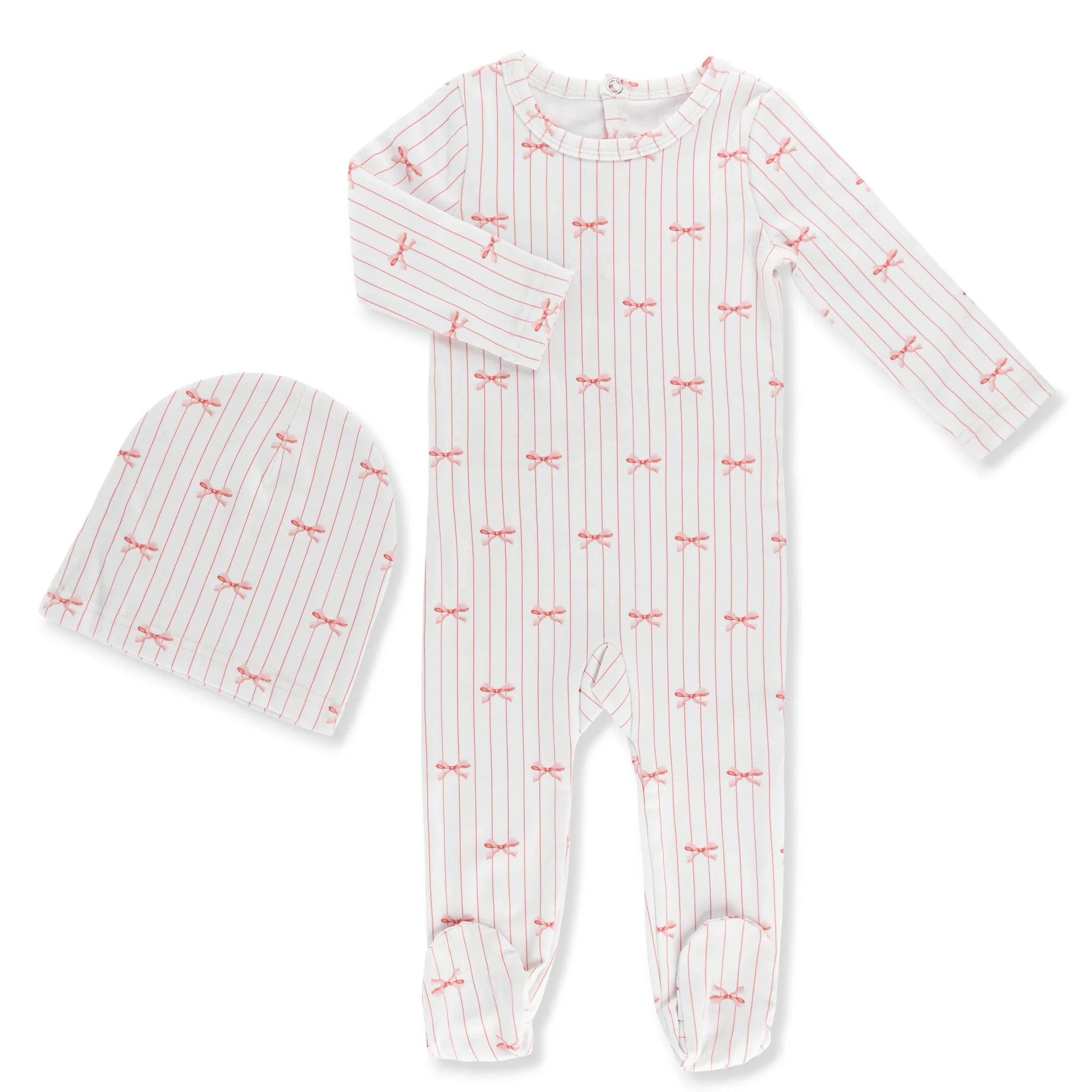 Little Label Pink Bows Printed Footie & Hat Set