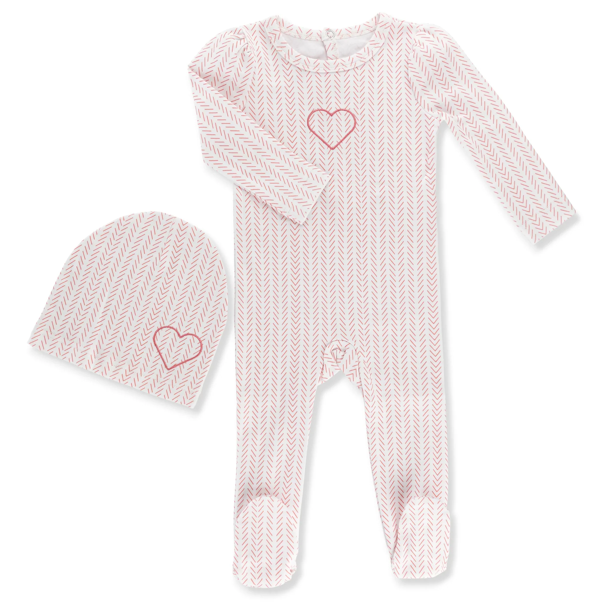 Little Label Pink Heart Herringbone Baby Footie & Hat Set