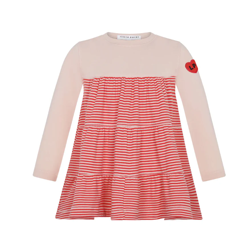 Little Parni Coral/Pink Varsity Tiered Dress (K618)- long sleeves