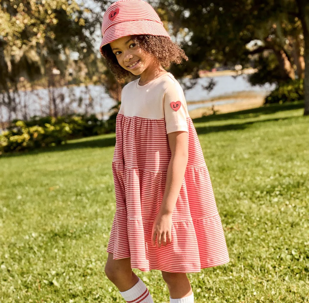 Little Parni Coral/Pink Varsity Tiered Dress (K618)- long sleeves - Image 2