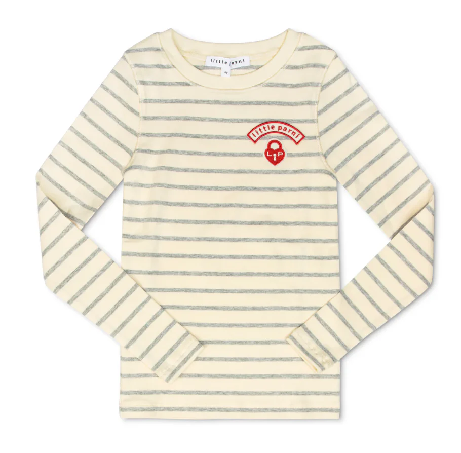 Little Parni Wide Striped Tshirt - Long Sleeves Grey/Ivory (K614)