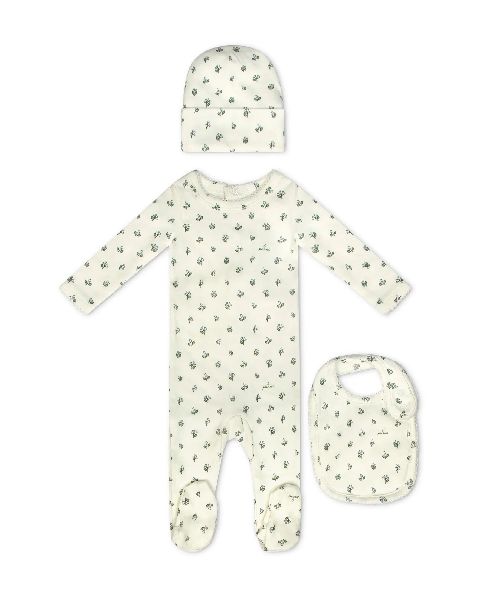 Little Parni LT Blue Floral Footie + Beanie + Bib (K663)