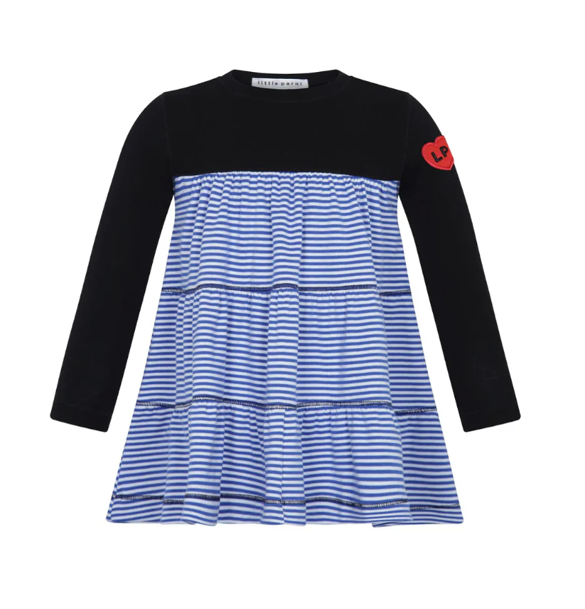 Little Parni Royal Blue/White Varsity Tiered Dress (K618)- long sleeves