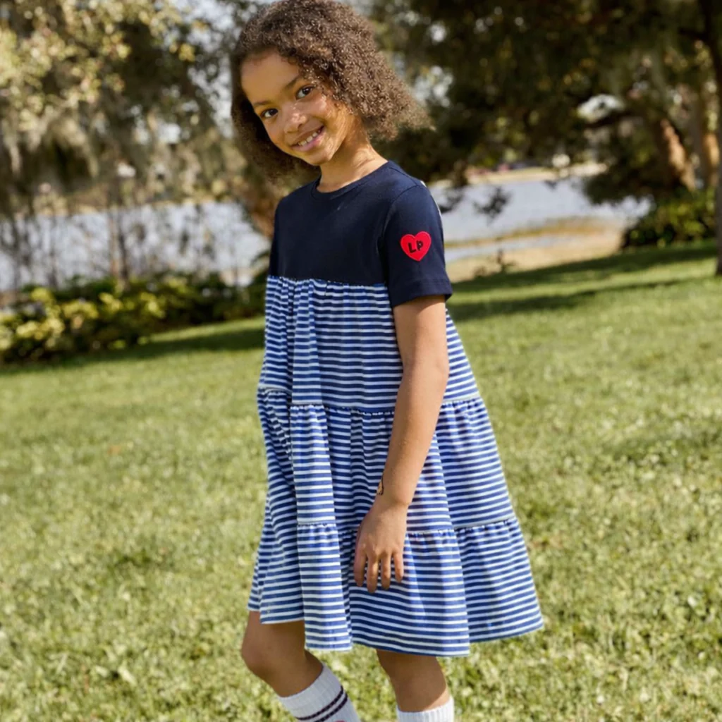 Little Parni Royal Blue/White Varsity Tiered Dress (K618)- long sleeves - Image 2