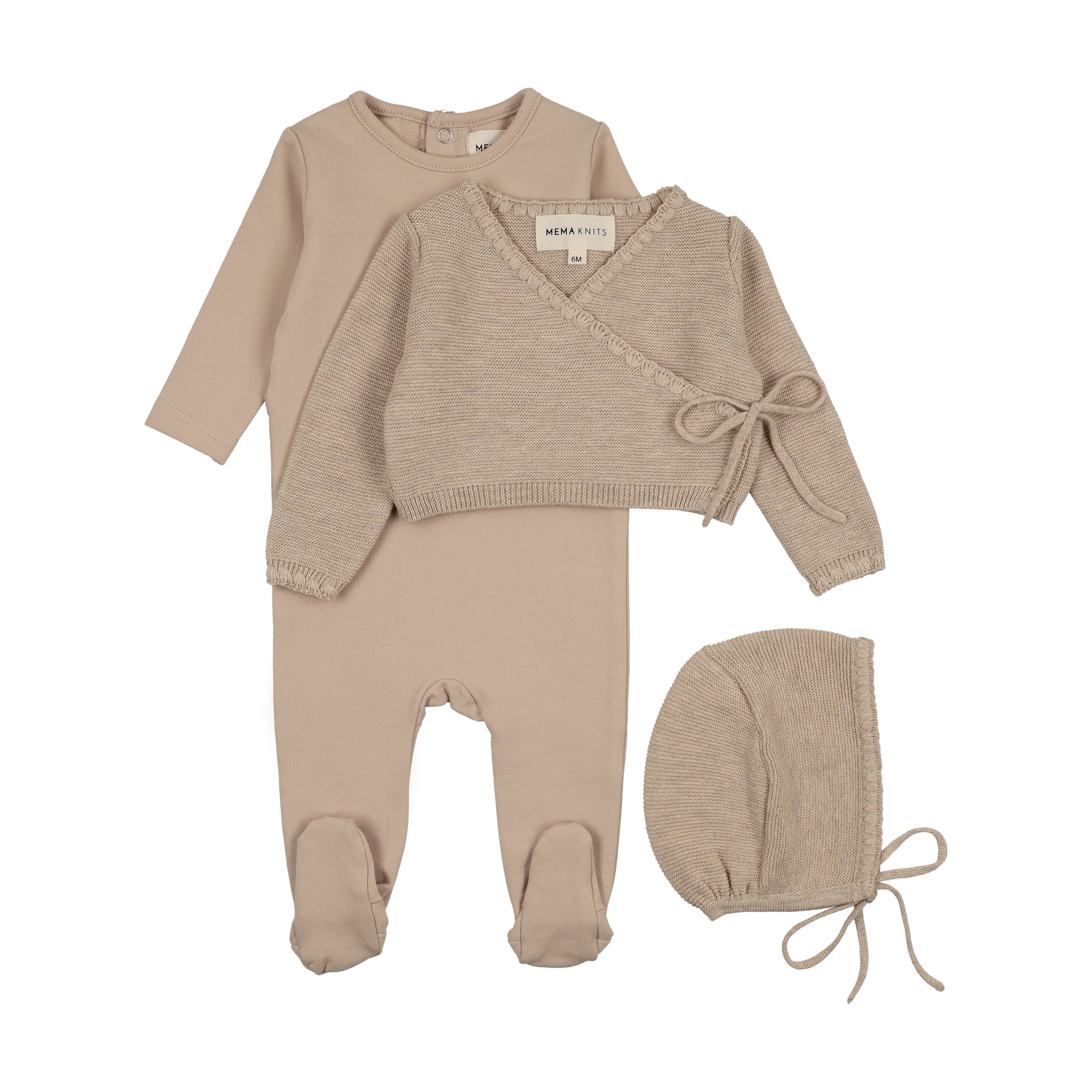 Mema Knits Beige Mélange Embroidered Edge Knit Sweater And Bonnet + Base Footie (M428) - Image 2