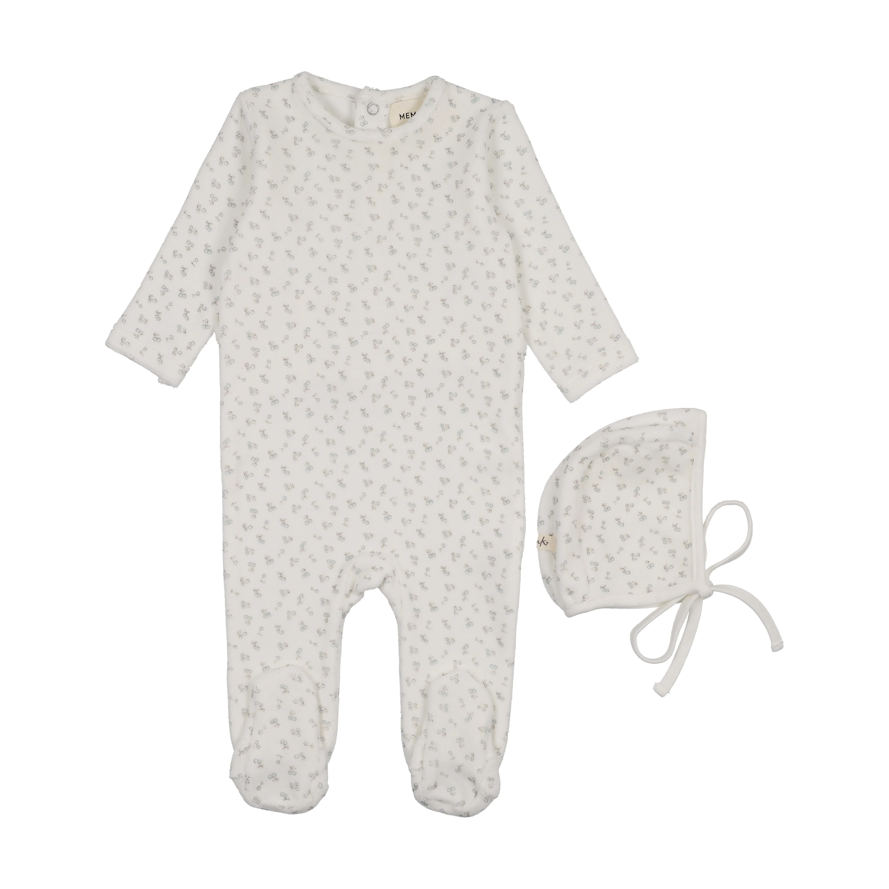 Mema Knits Blue Cherries Velour Cherry Printed Footie+ Bonnet (M402)