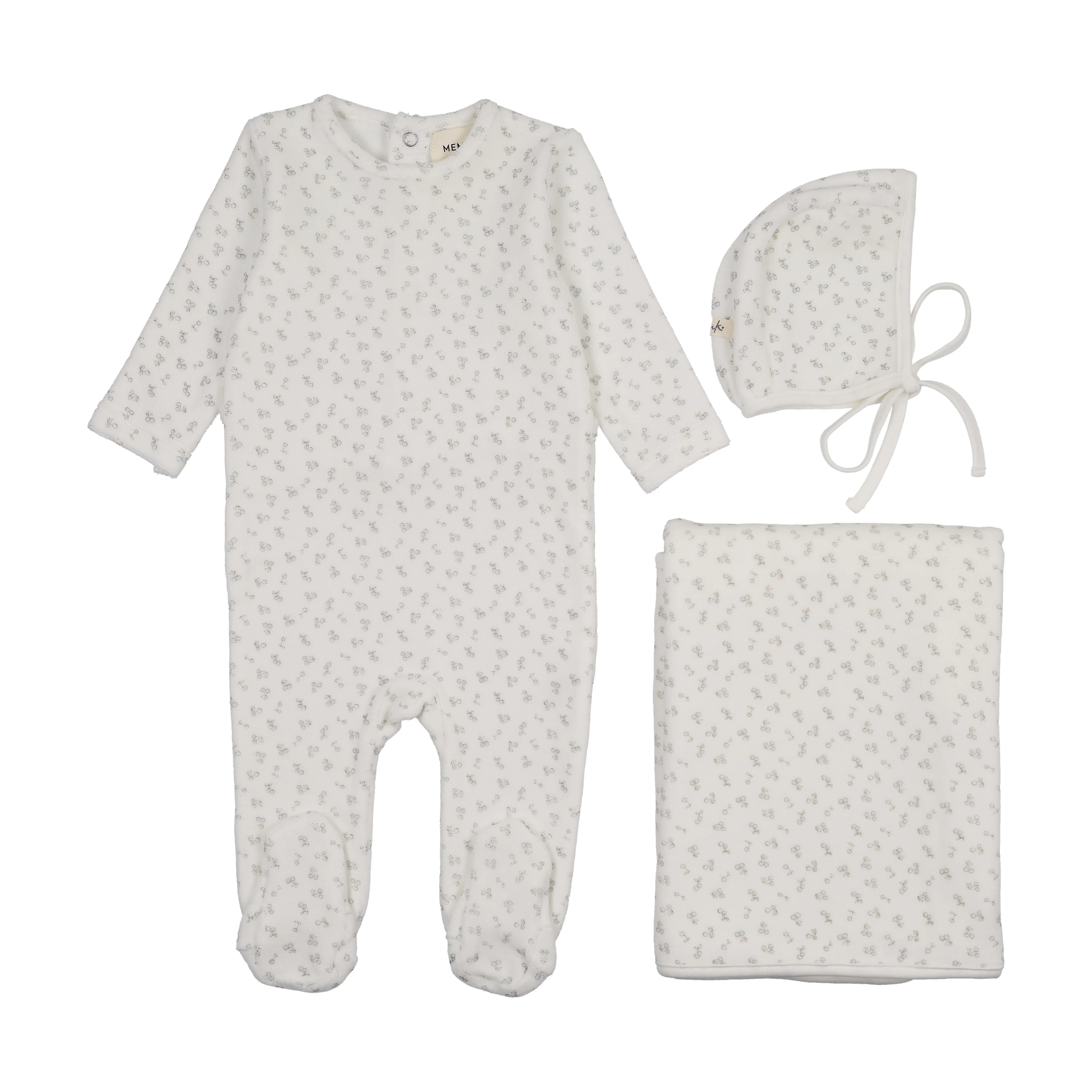 Mema Knits Blue Cherries Velour Cherry Printed Three Piece Set (M402-3Pc)