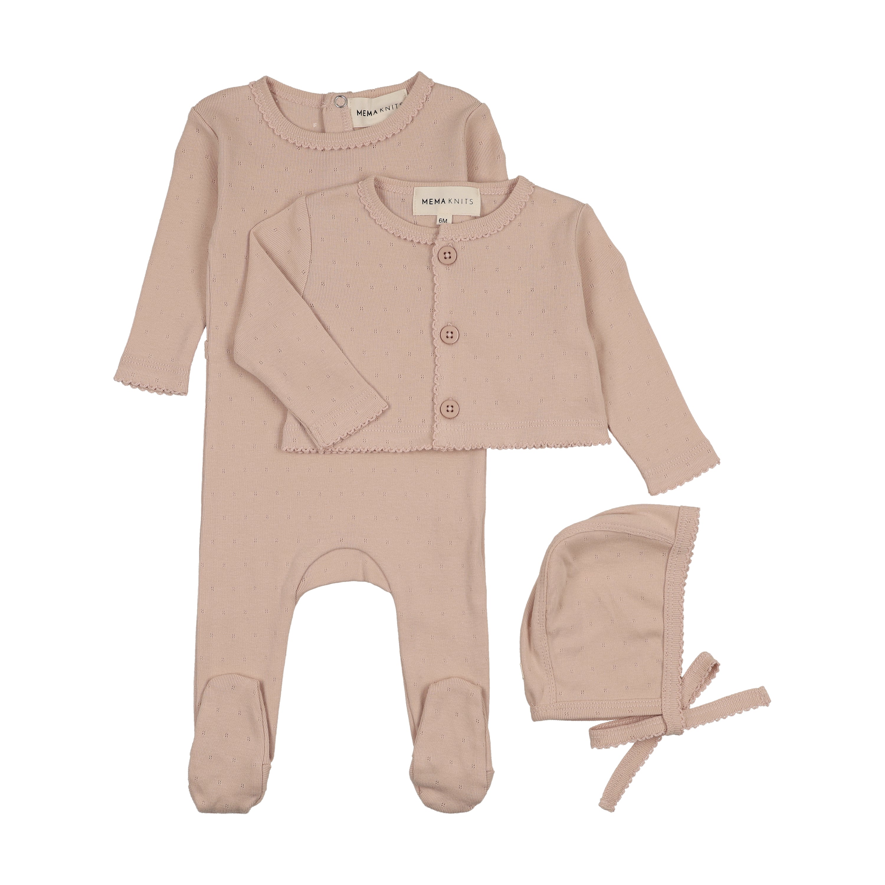 Mema Knits Deep Pink Pointelle Footie And Cardigan Set + Bonnet (M411)