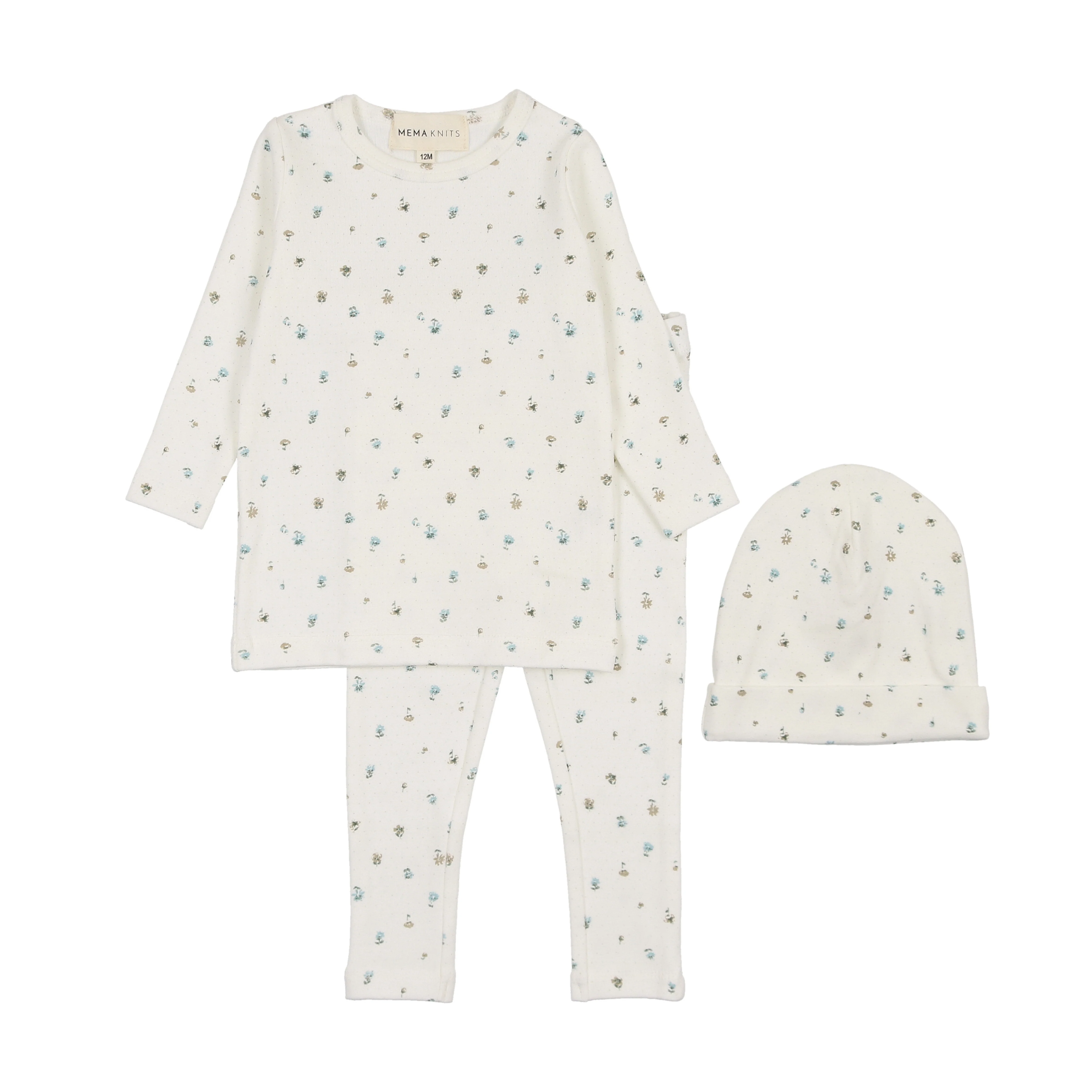 Mema Knits Floral Blue Polka dot floral print two piece set + beanie (M348)