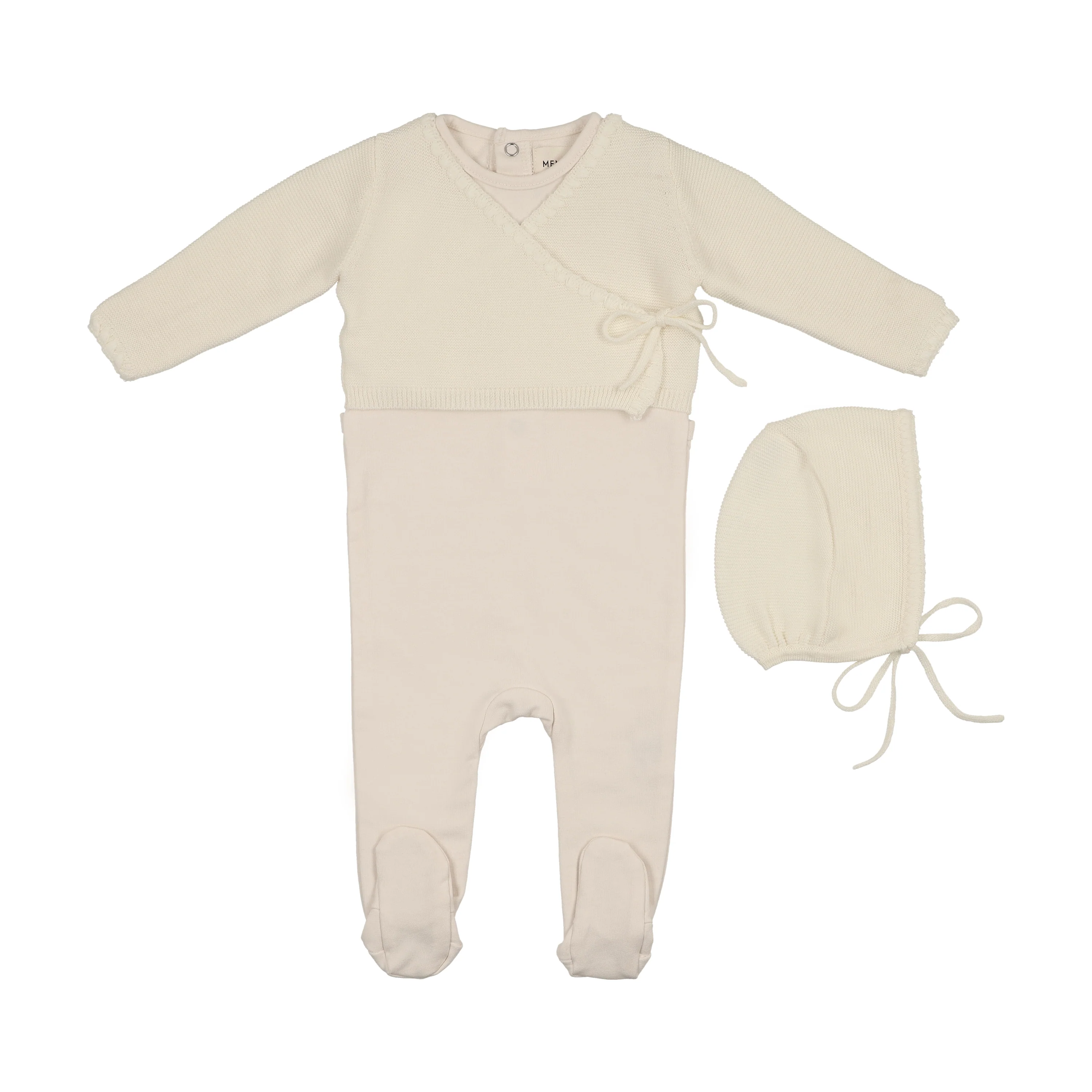 Mema Knits Ivory Embroidered Edge Knit Sweater And Bonnet + Base Footie (M428)