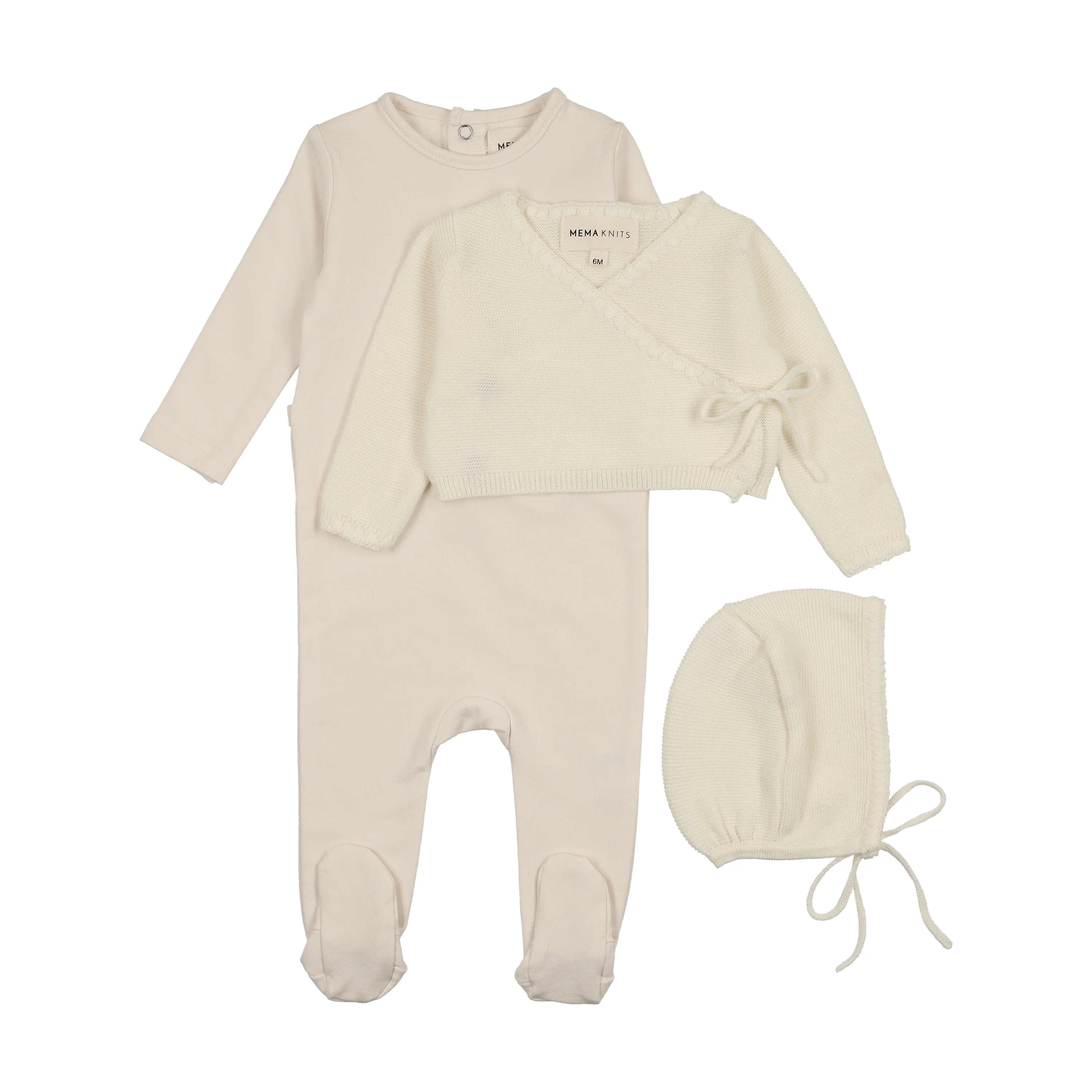 Mema Knits Ivory Embroidered Edge Knit Sweater And Bonnet + Base Footie (M428) - Image 2