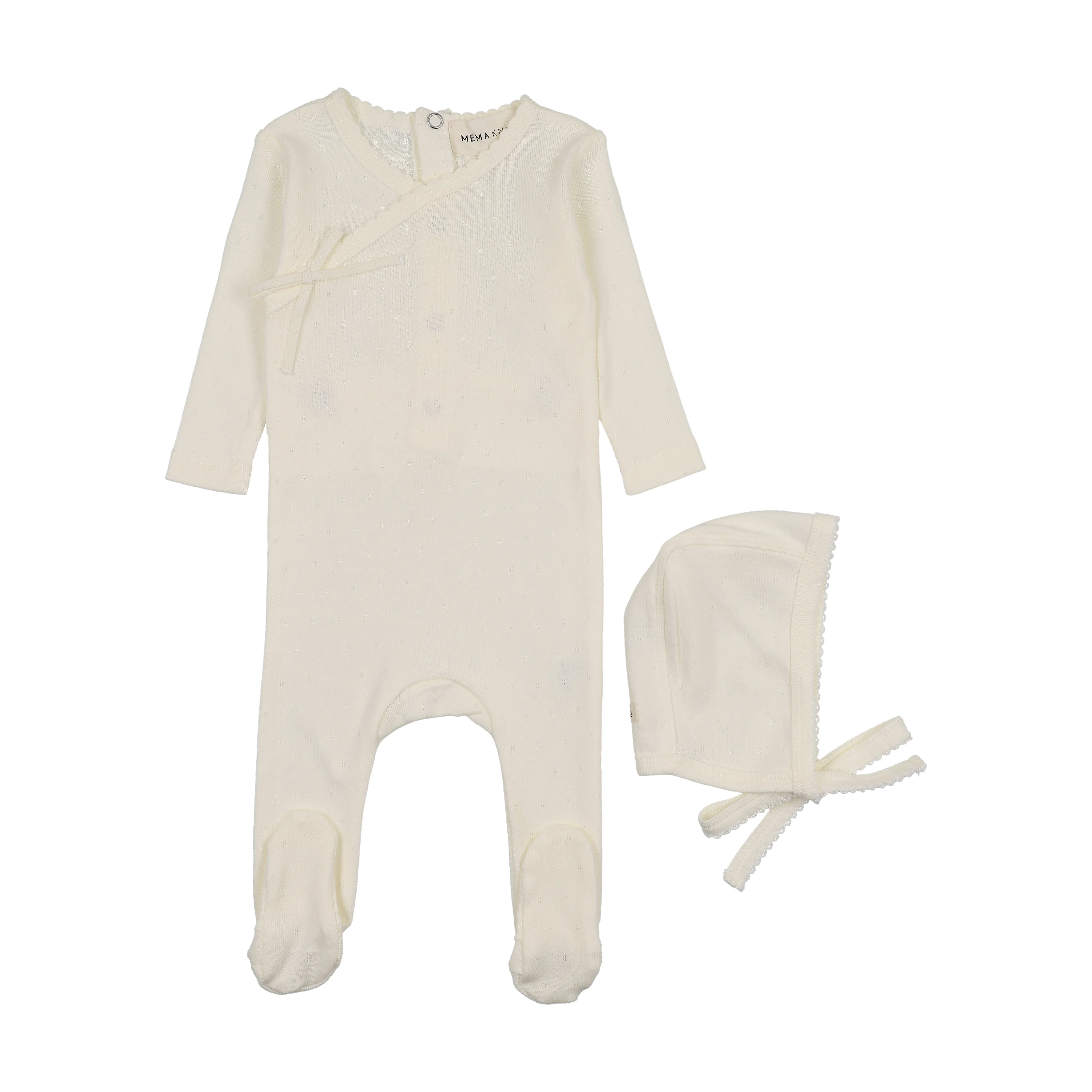 Mema Knits Ivory Pointelle Scalloped Edge Footie + Bonnet (M408)