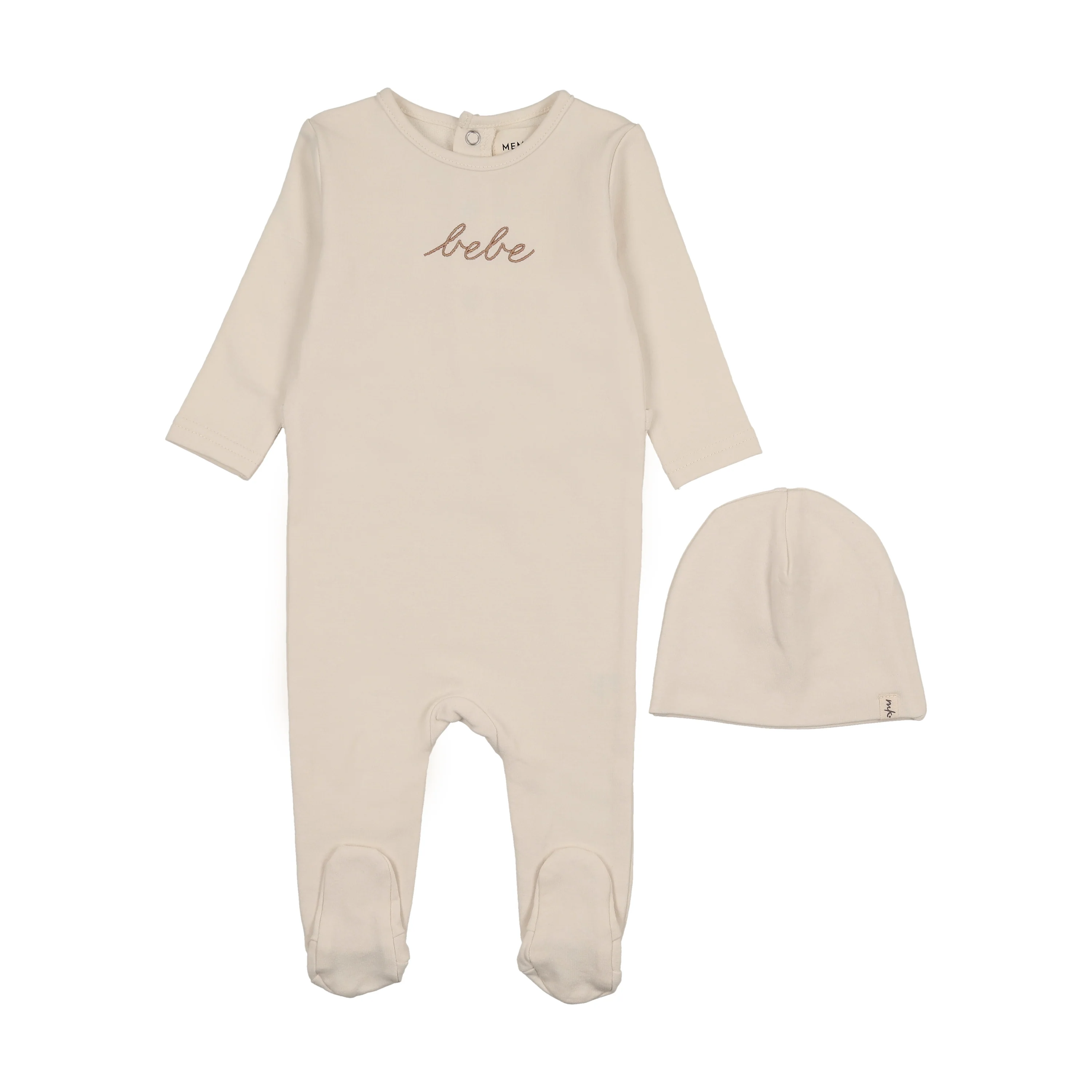 Mema Knits Ivory / Taupe Embroidery French Terry Embroidered Bebe Footie + Beanie (M406)