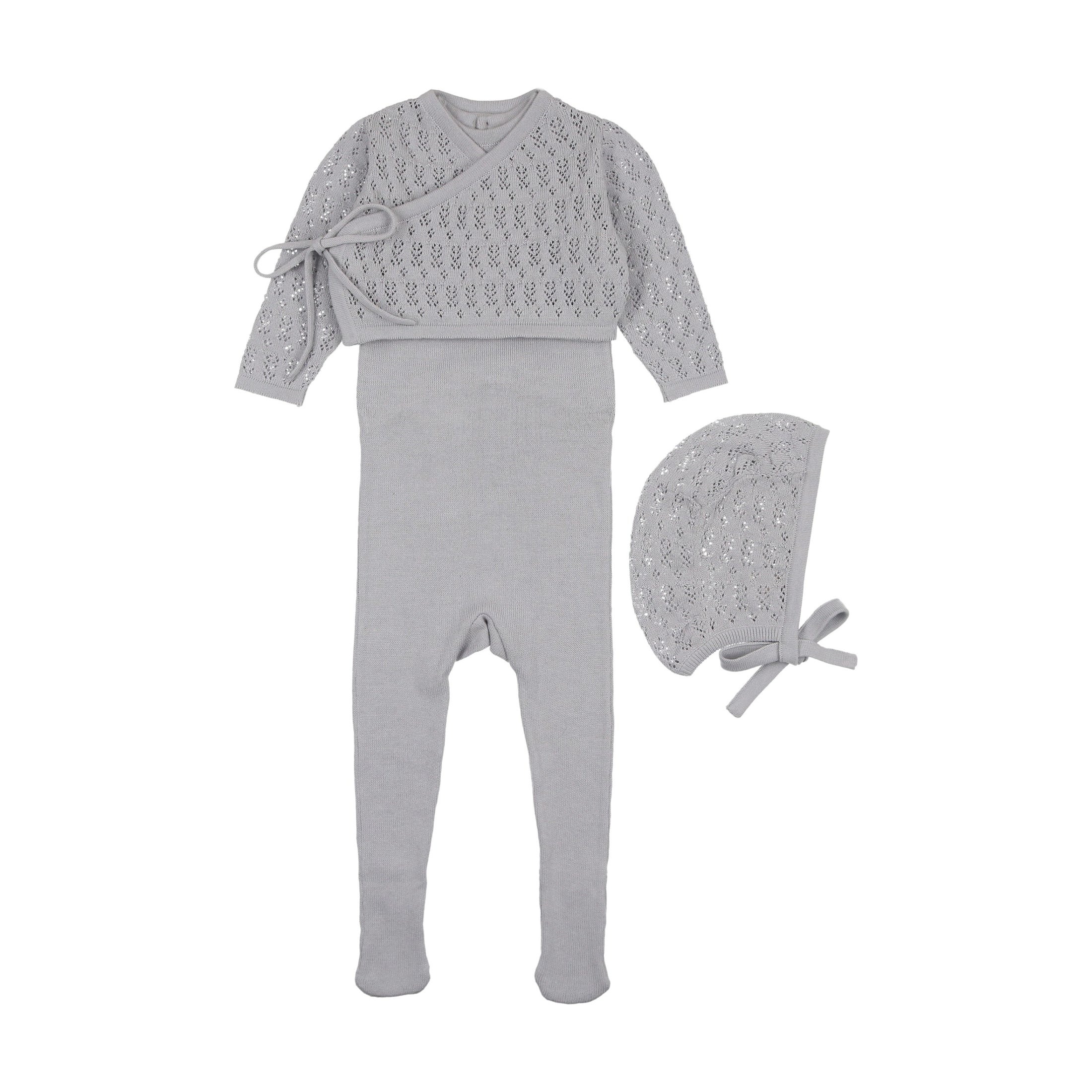 Mema Knits Light Blue Knit Sleeveless Footie W Cardigan + Bonnet (M325)