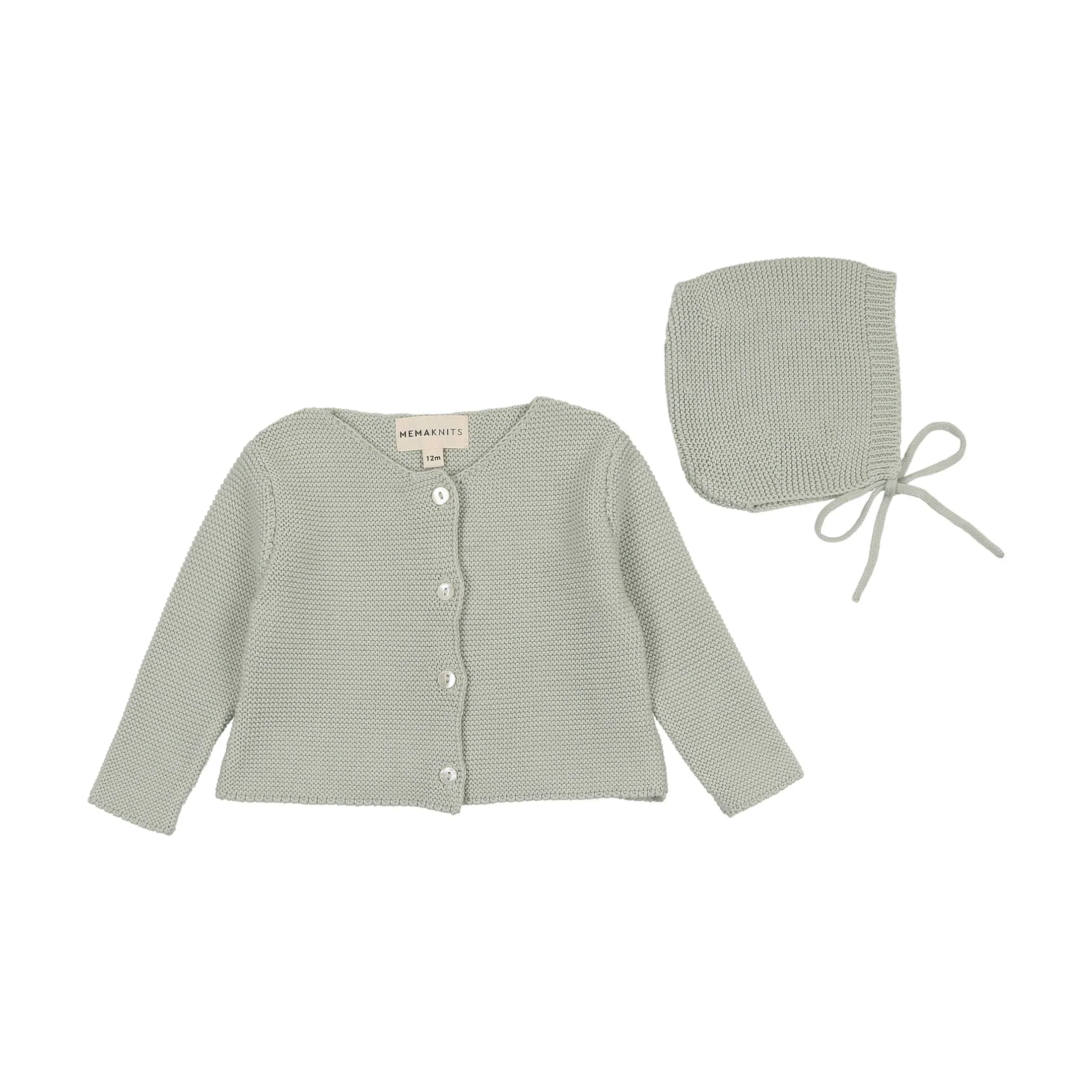 Mema Knits Mint Green Knit Cardigan + Bonnet (351)