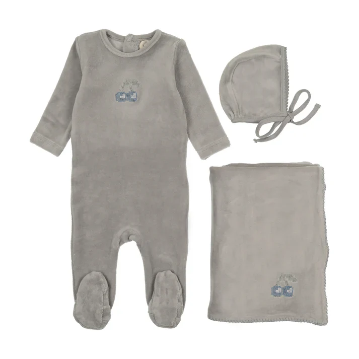 Mema Knits Misty Blue / Blue Cherry Velour Embroidered Footie+Bonnet 3PC (M449-3PC)