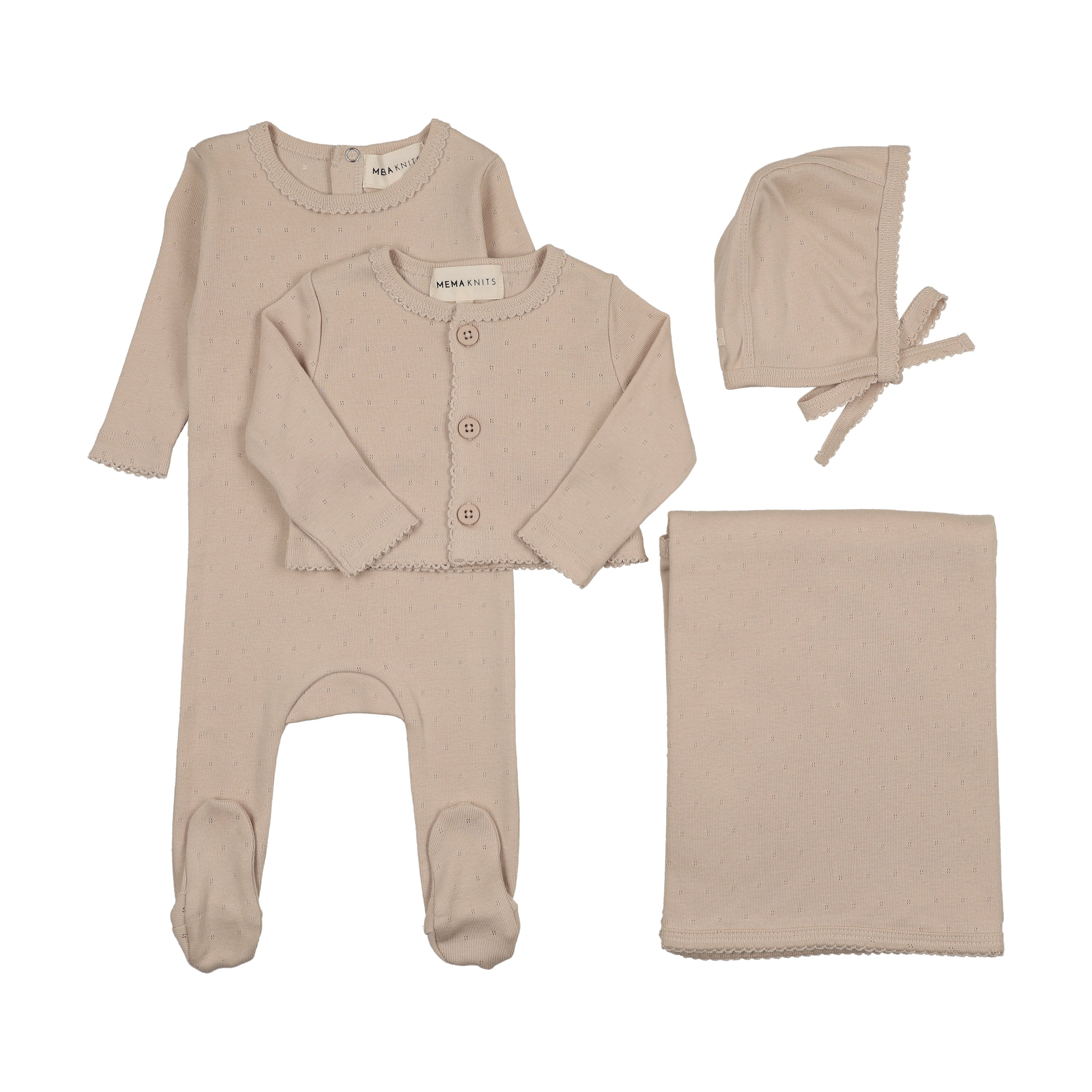Mema Knits Oatmeal Pointelle Footie And Cardigan Four Piece Set (M411-4Pc)