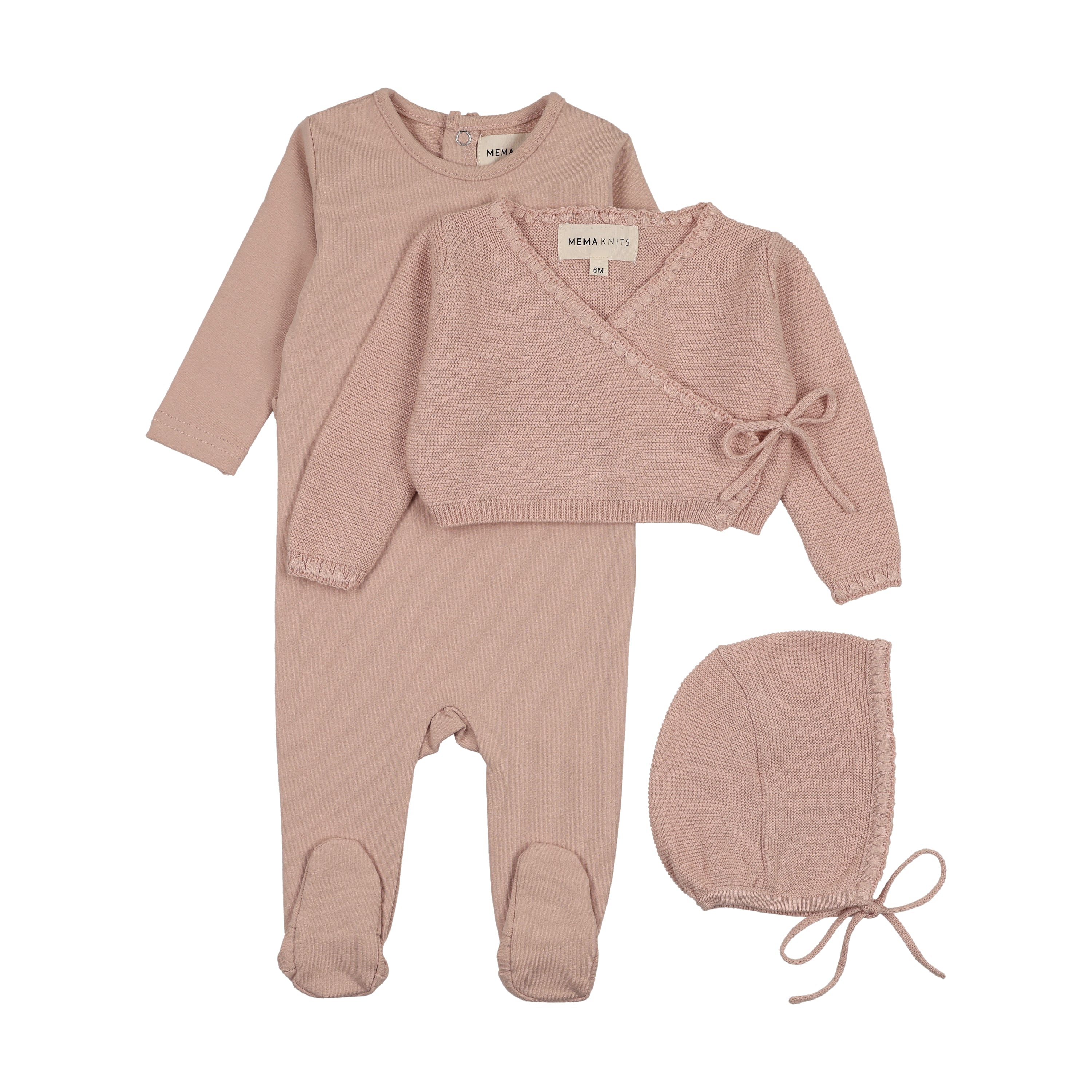 Mema Knits Pale Pink Embroidered Edge Knit Sweater And Bonnet + Base Footie (M428) - Image 2