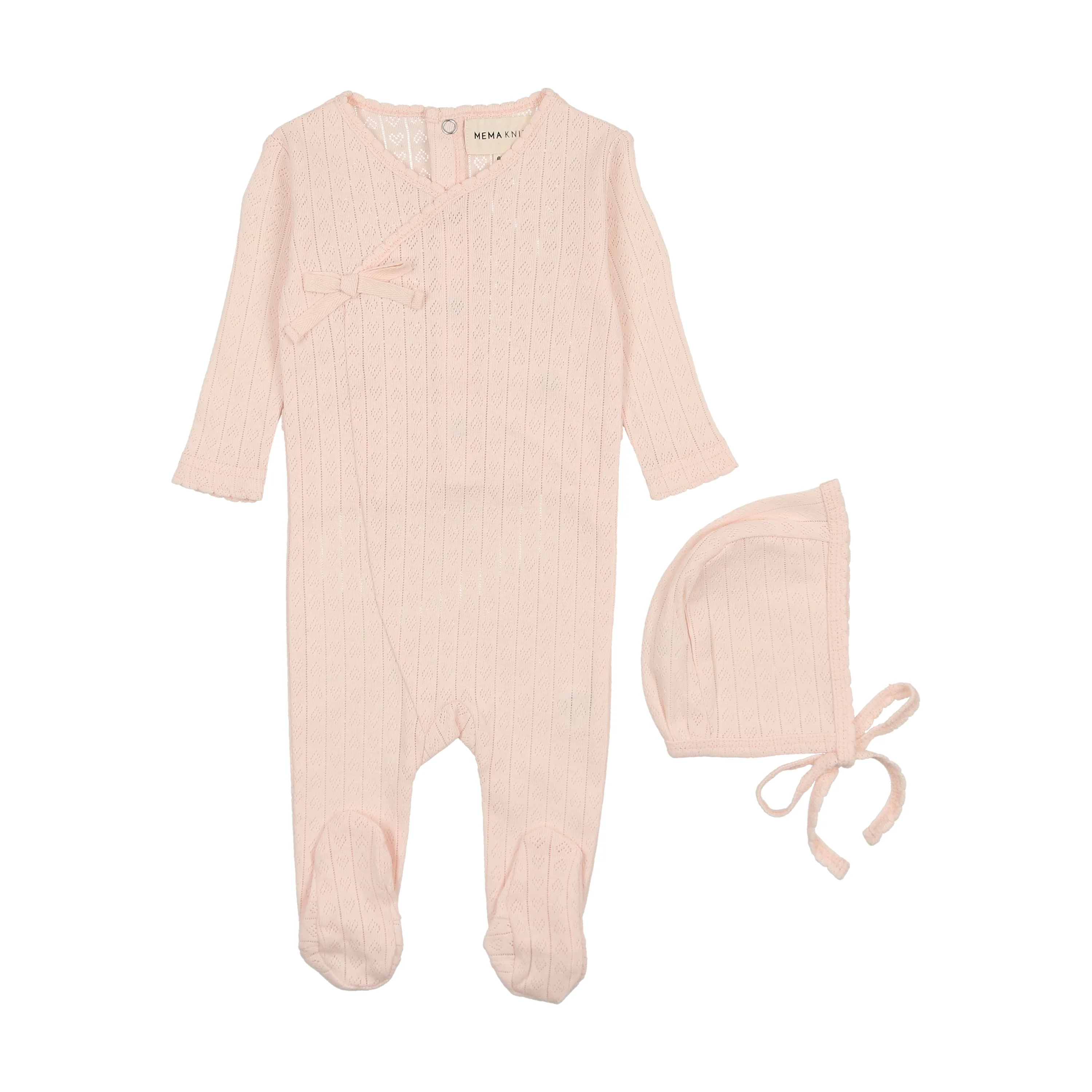 Mema Knits peach dust Pointelle heart footie + bonnet (M305)