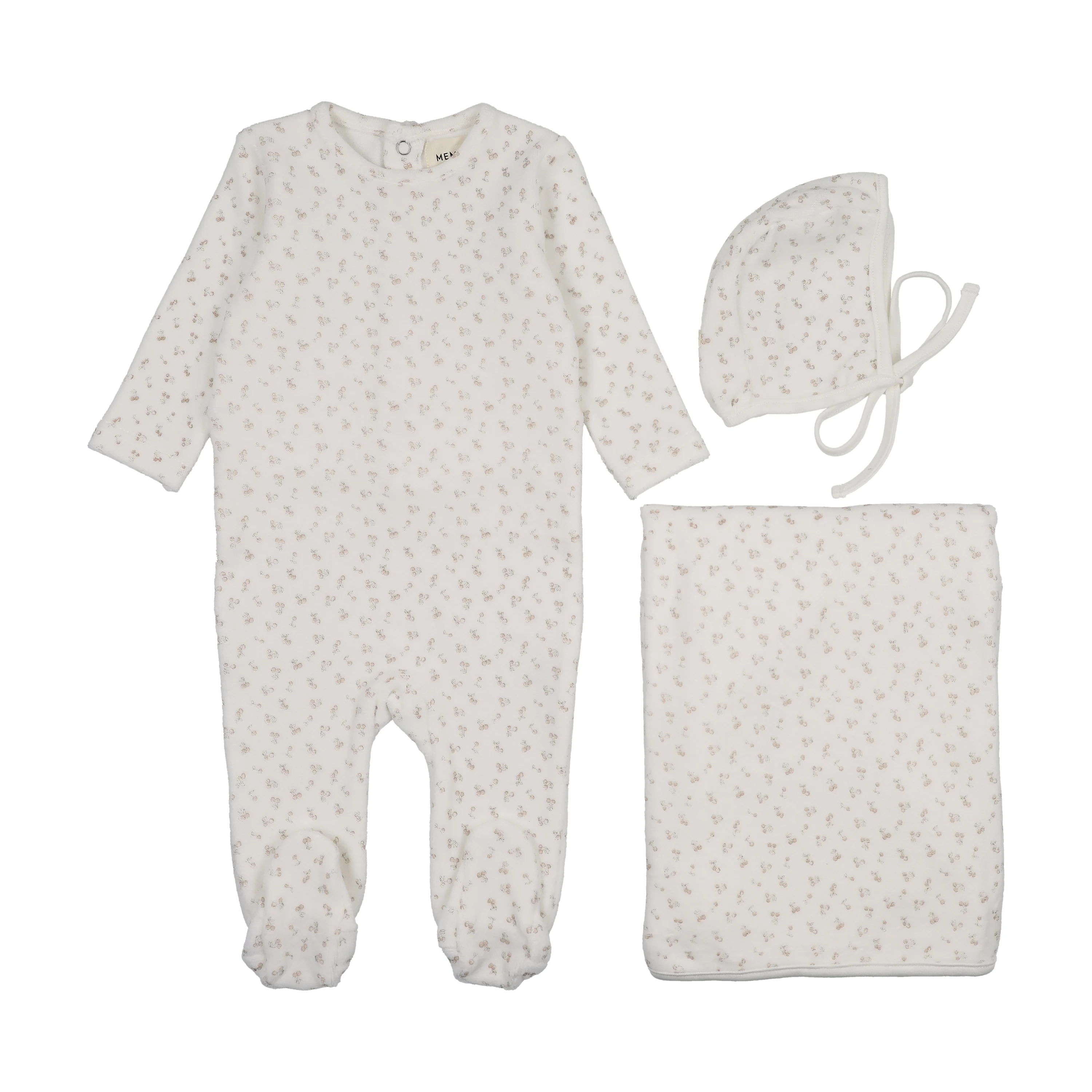 Mema Knits Pink Cherries Velour Cherry Printed Three Piece Set (M402-3Pc)