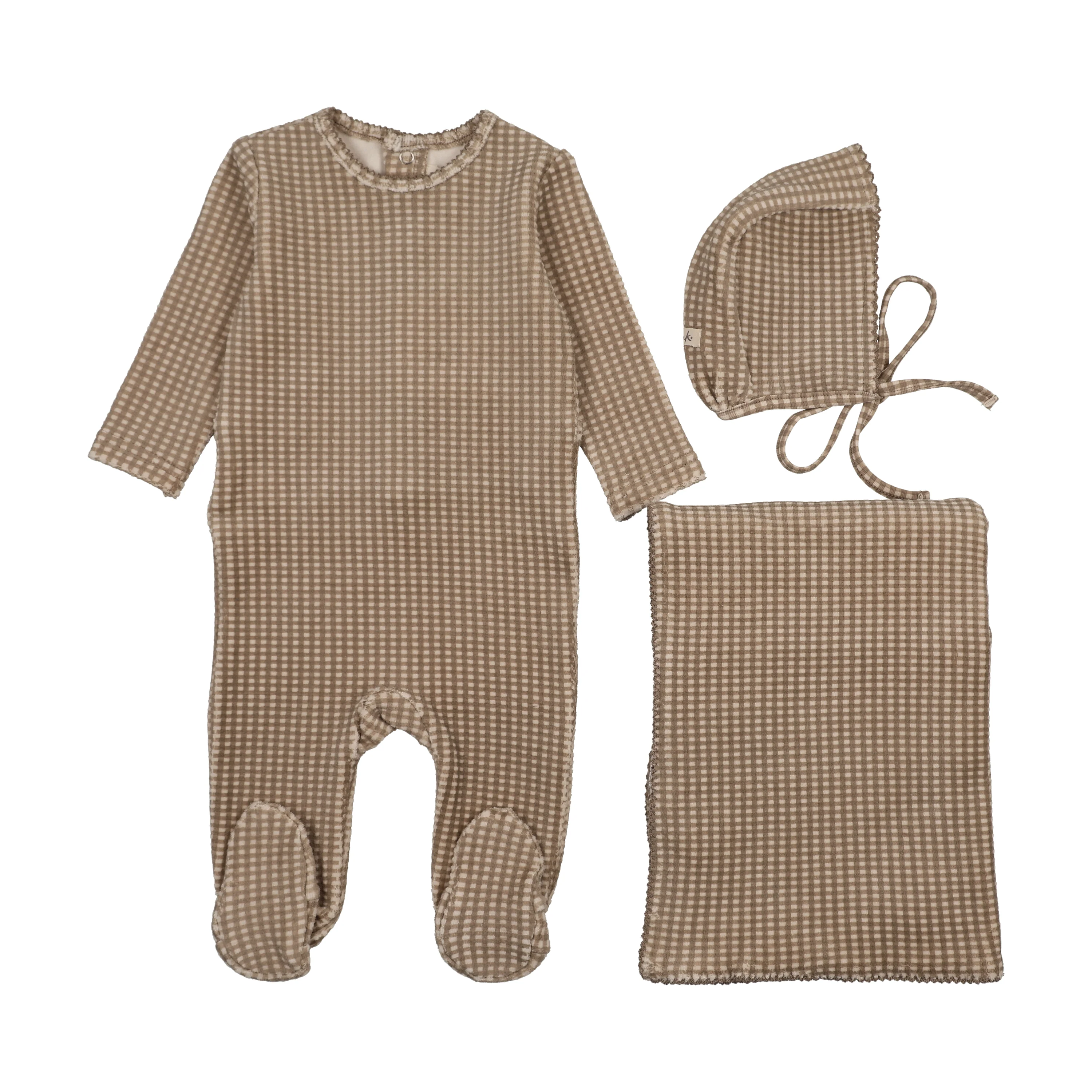 Mema Knits Simply Taupe Velour Gingham Three Piece Set (M420-3Pc)
