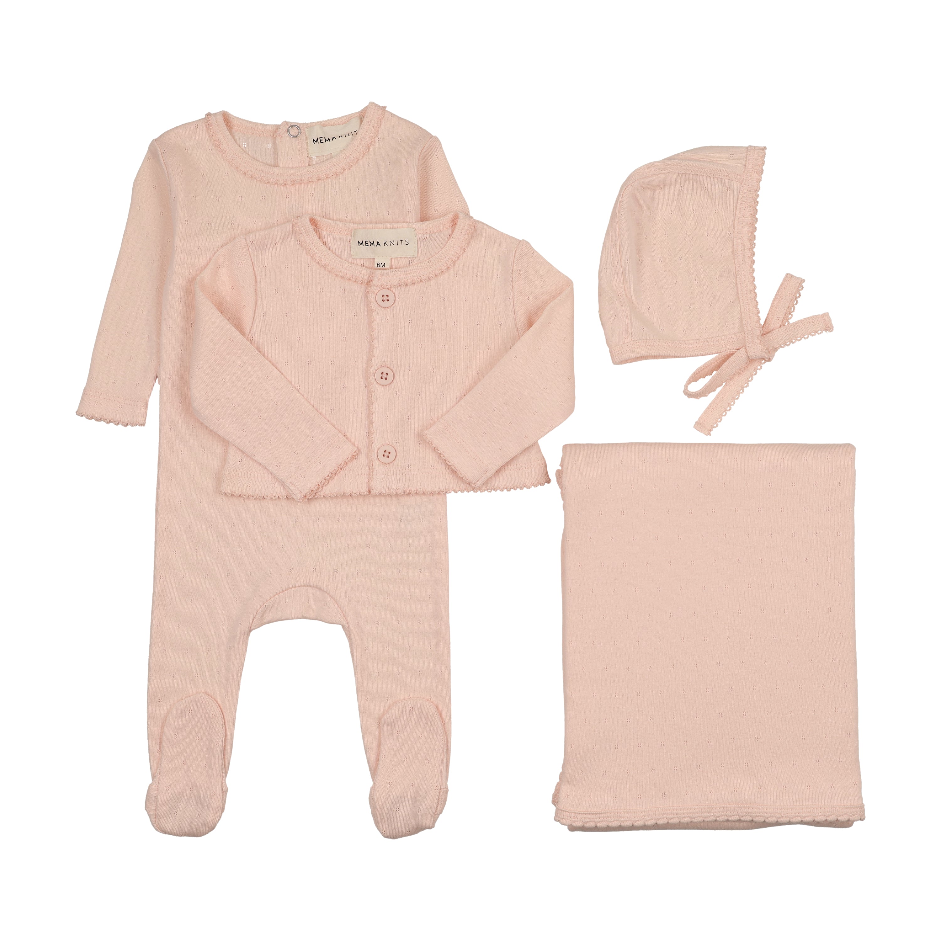 Mema Knits Soft Pink Pointelle Footie And Cardigan Four Piece Set (M411-4Pc)