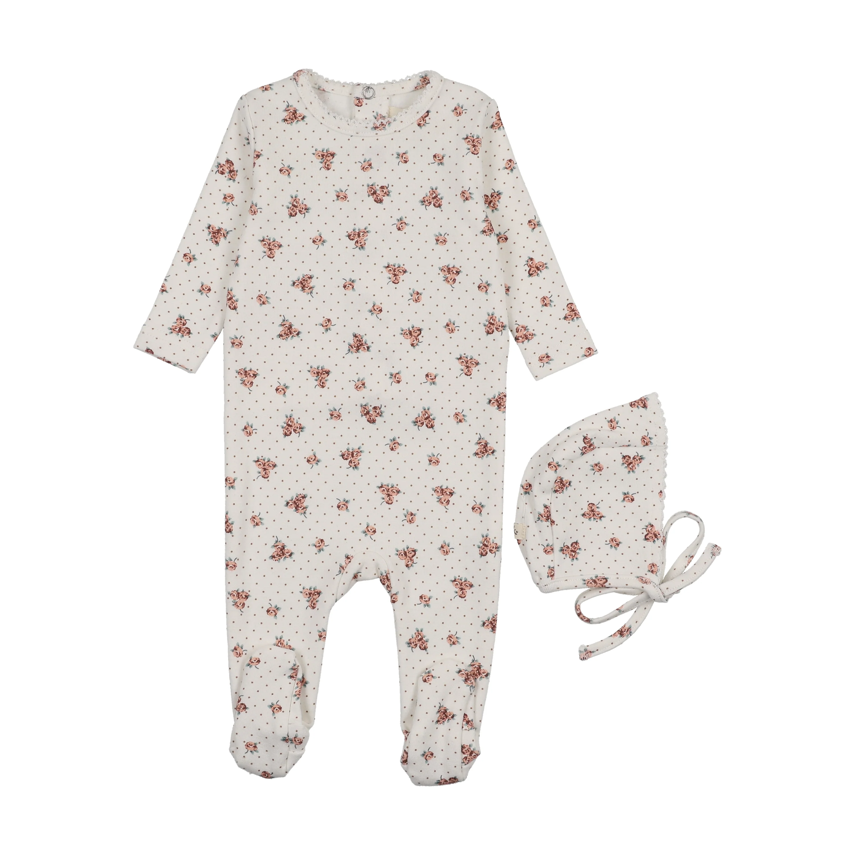 Mema Knits White Floral Floral Printed Footie + Bonnet (M440)
