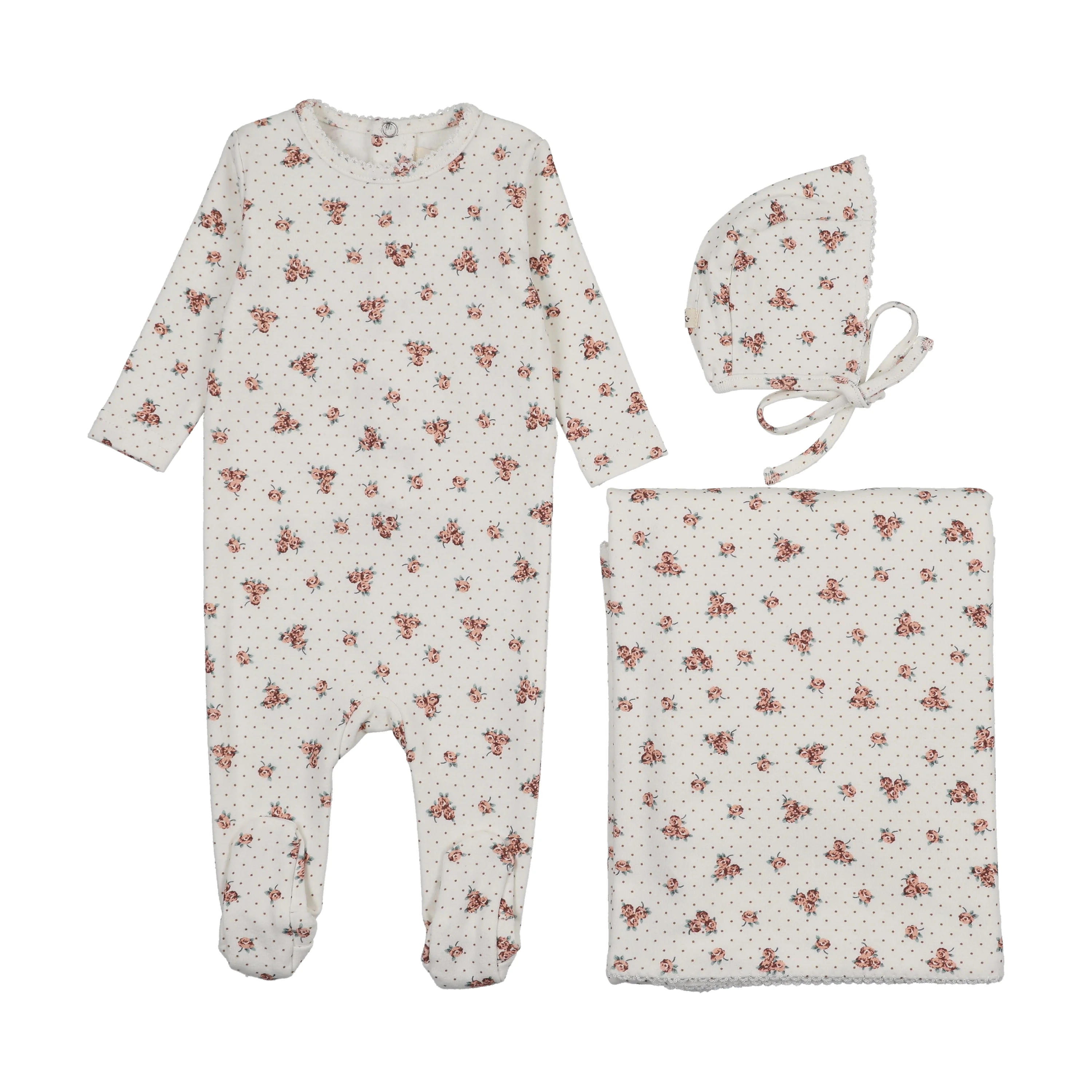Mema Knits White Floral Floral Printed Footie Three Piece Set (M440-3Pc)