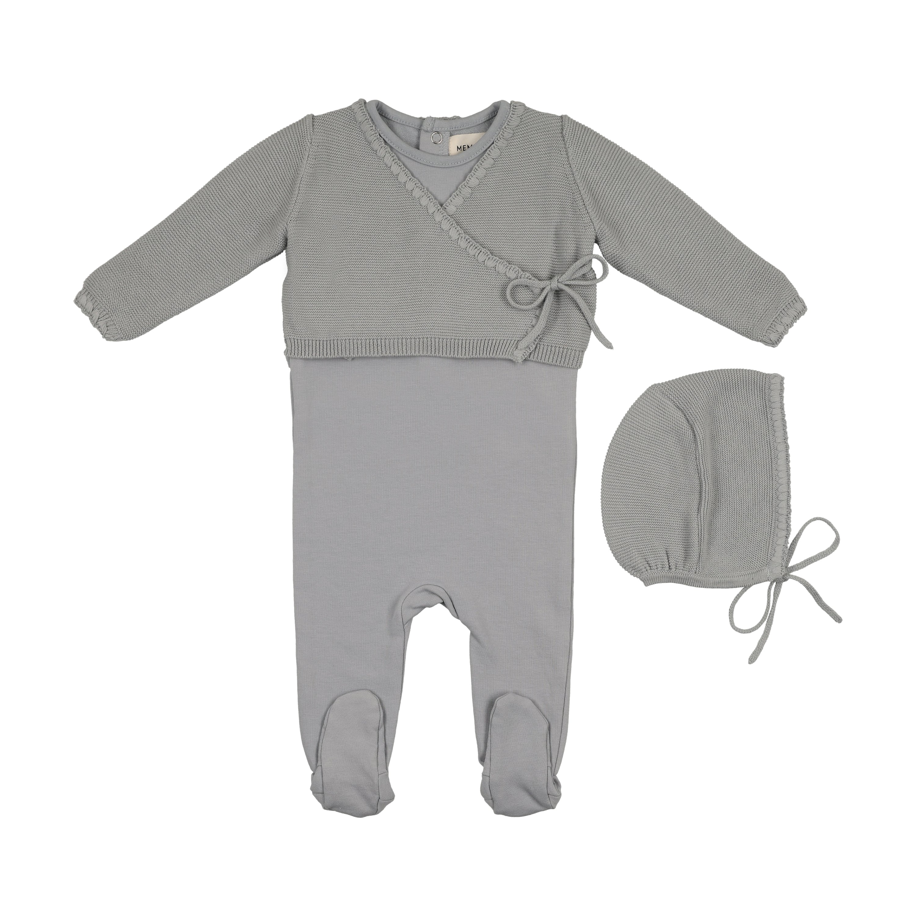 Mema Knits Windy Blue Embroidered Edge Knit Sweater And Bonnet + Base Footie (M428)