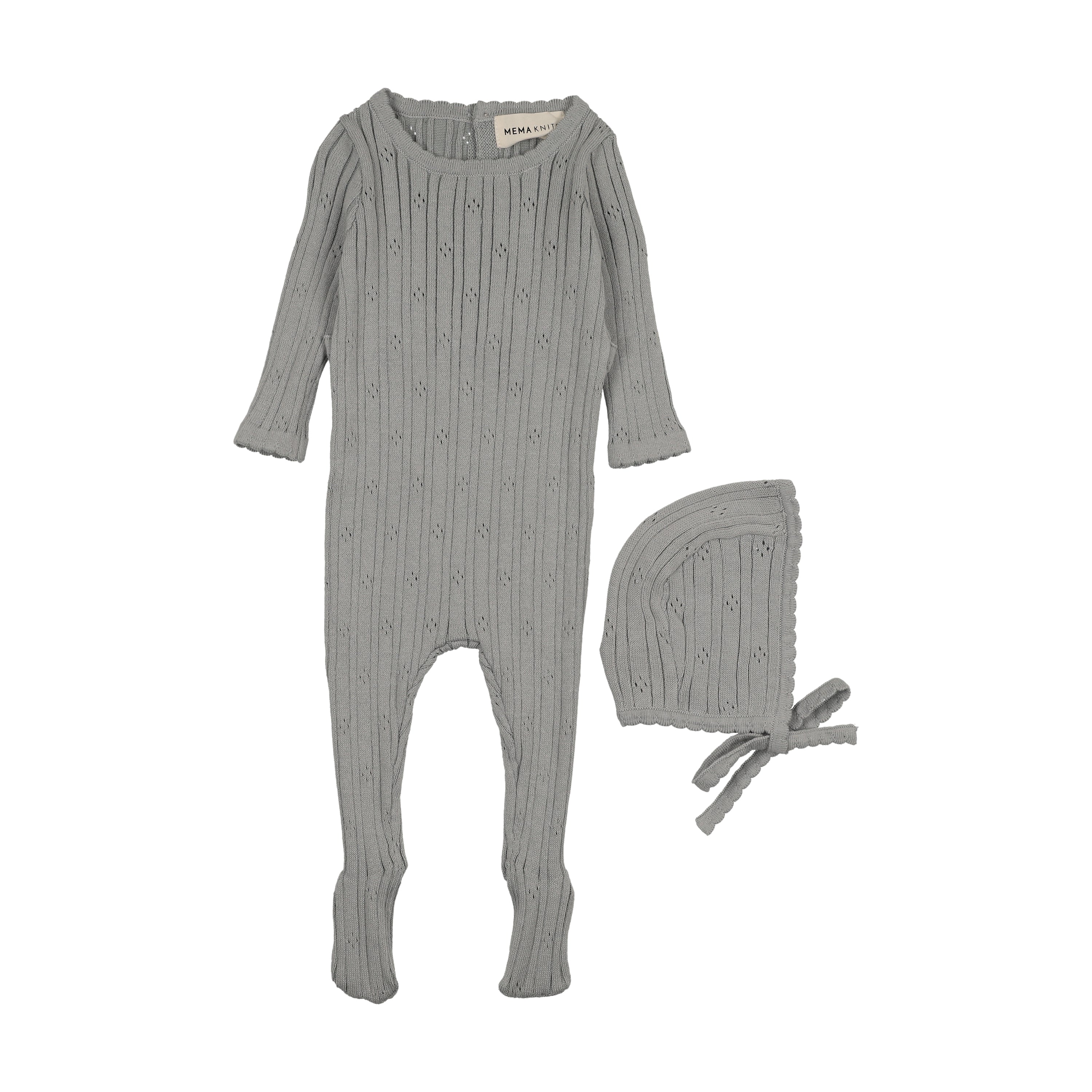 Mema Knits Windy Blue Pointelle Knit Footie + Bonnet (M430)