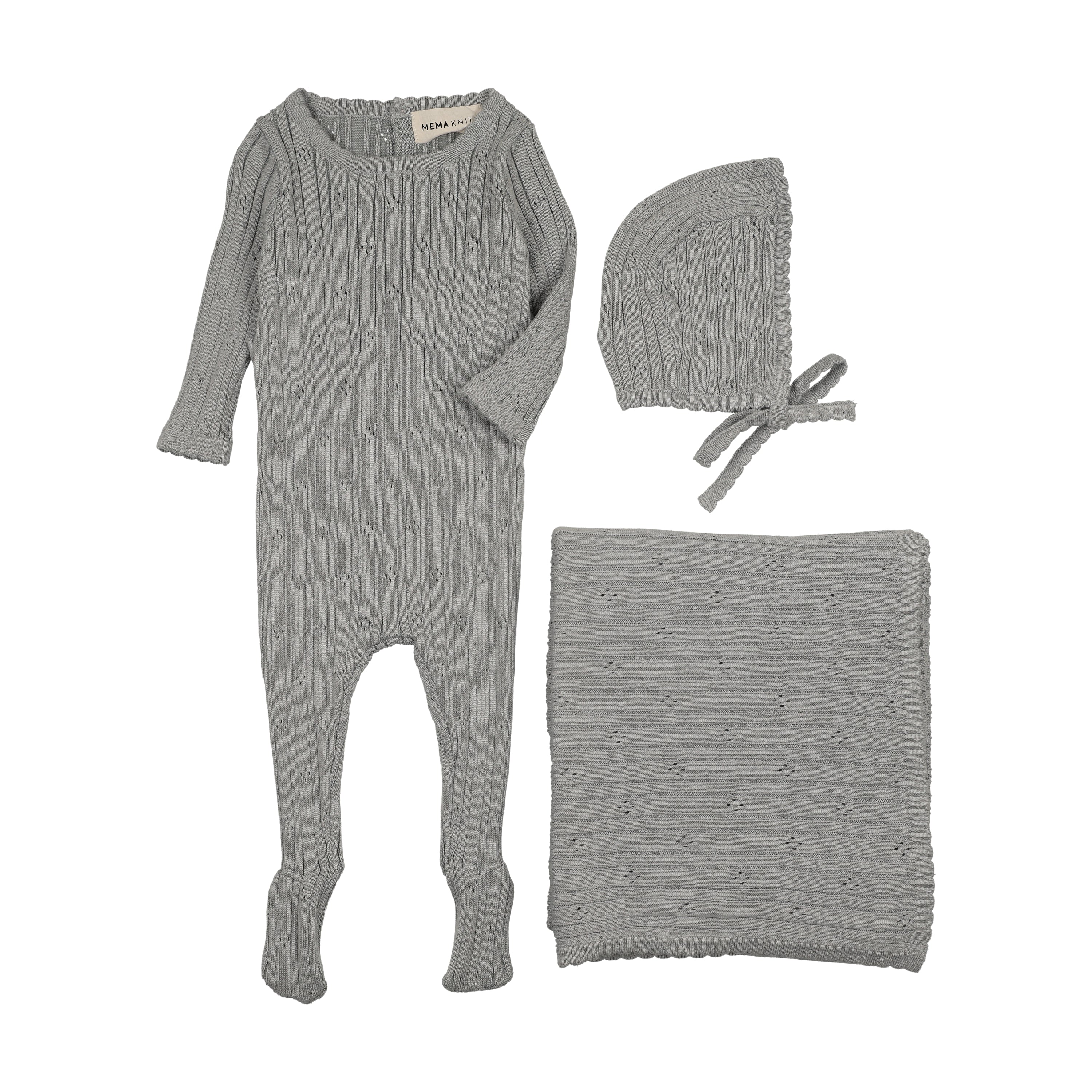 Mema Knits Windy Blue Pointelle Knit Three Piece Set (M430-3Pc)