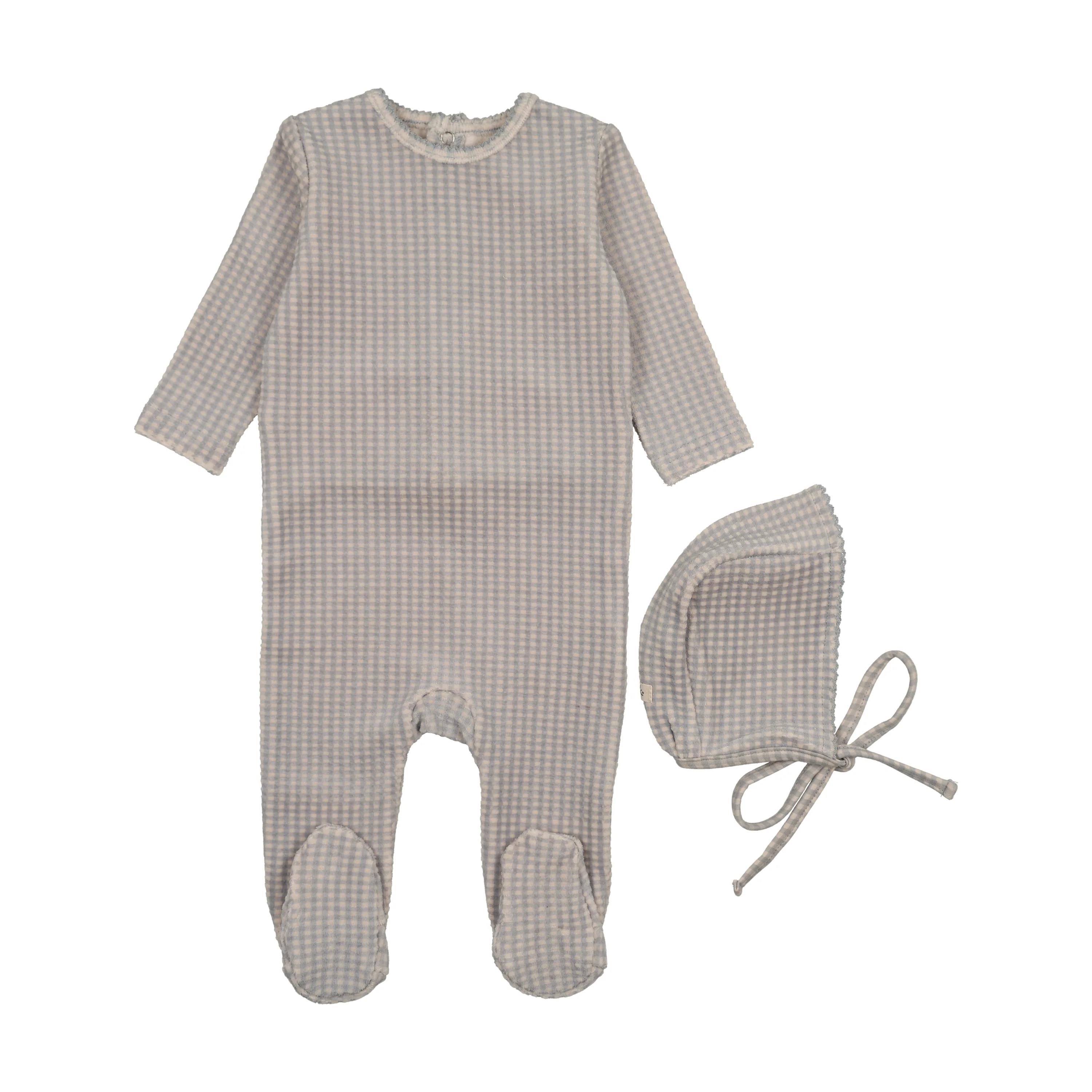 Mema Knits Windy Blue Velour Gingham Footie + Bonnet (M420)