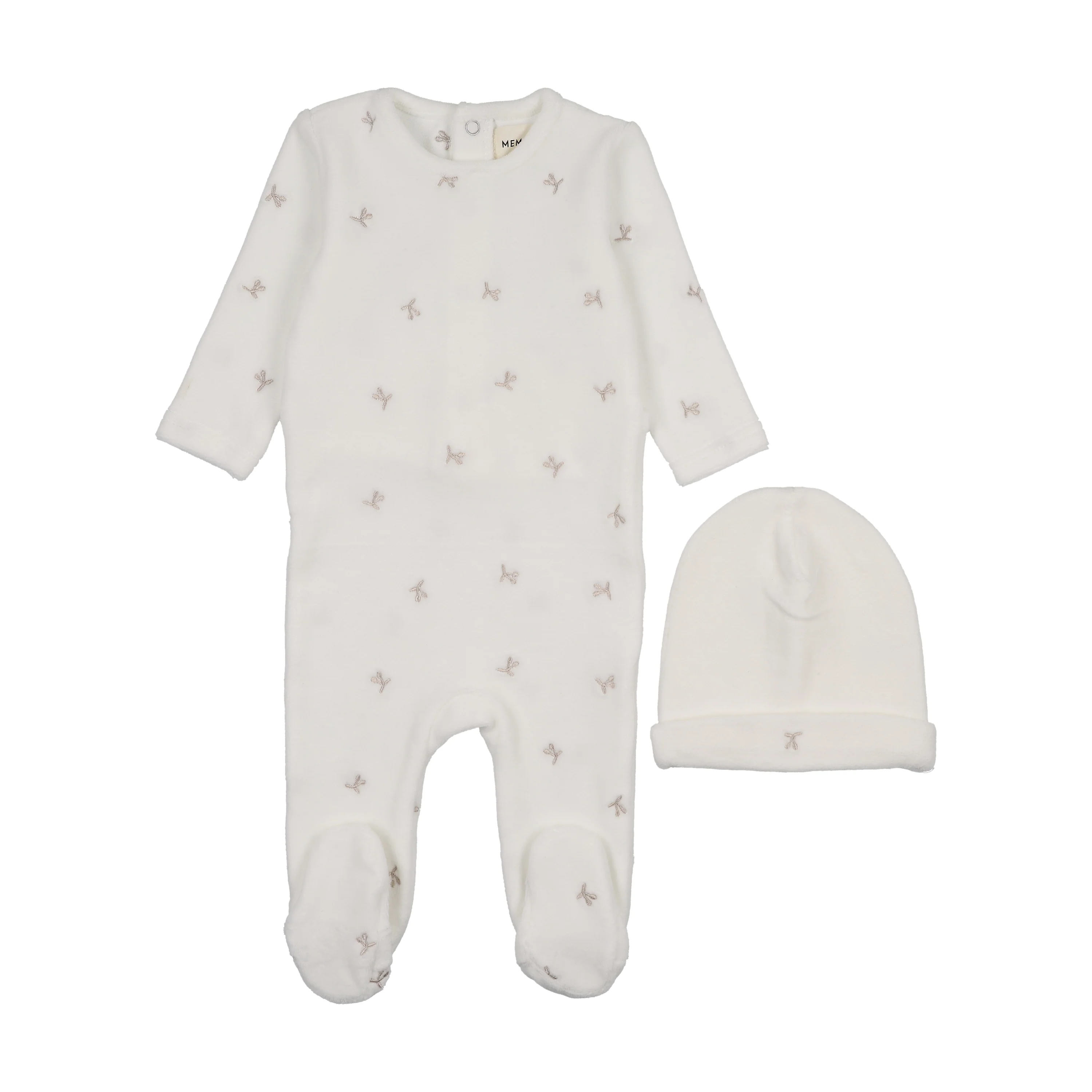 Mema Knits Winter White / Oatmeal Cherries Velour Scattered Cherries Footie + Beanie (M422)