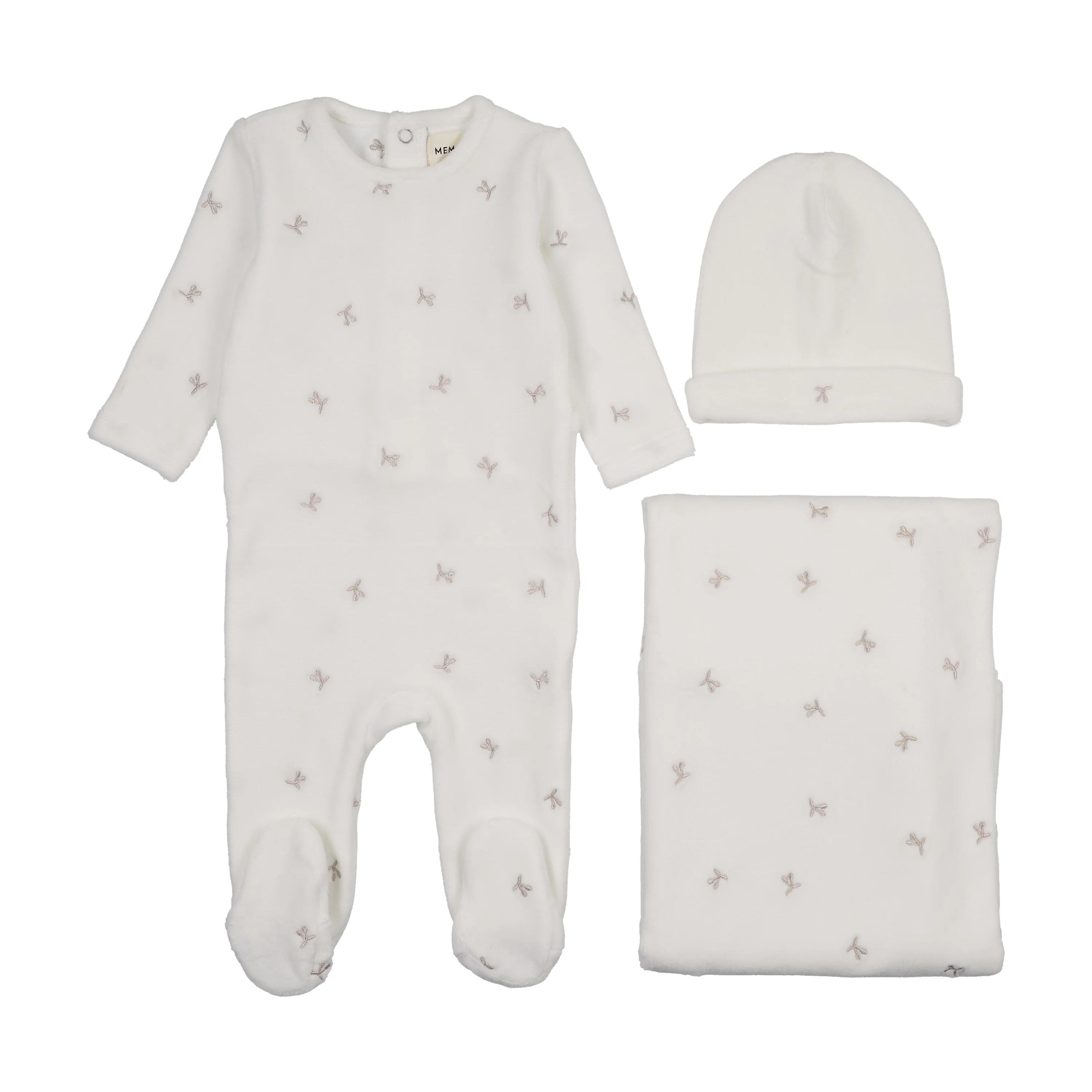 Mema Knits Winter White - Oatmeal Cherries Velour Scattered Cherries Three Piece Set (M422-3Pc)