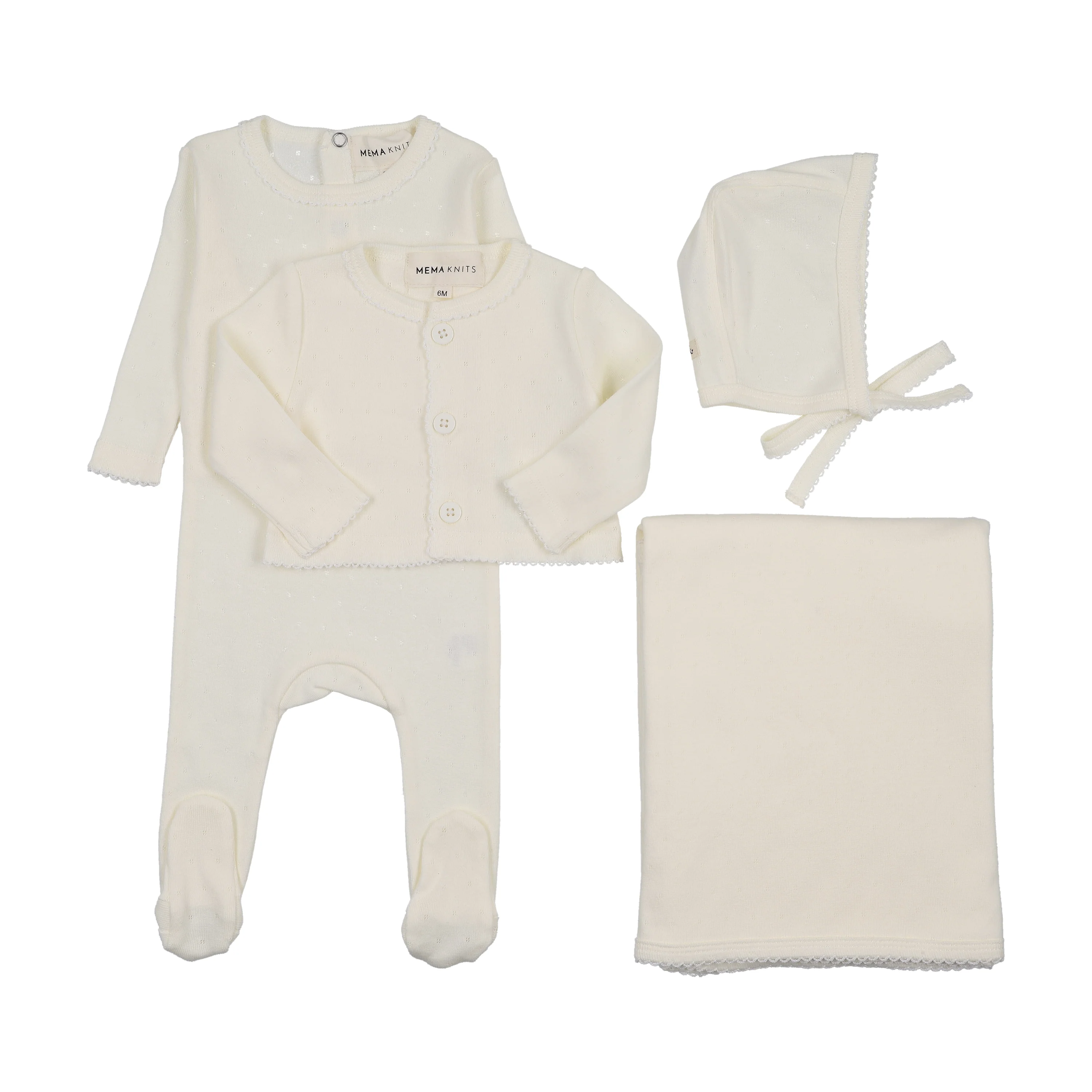Mema Knits Winter White Pointelle Footie And Cardigan Four Piece Set (M411-4Pc)