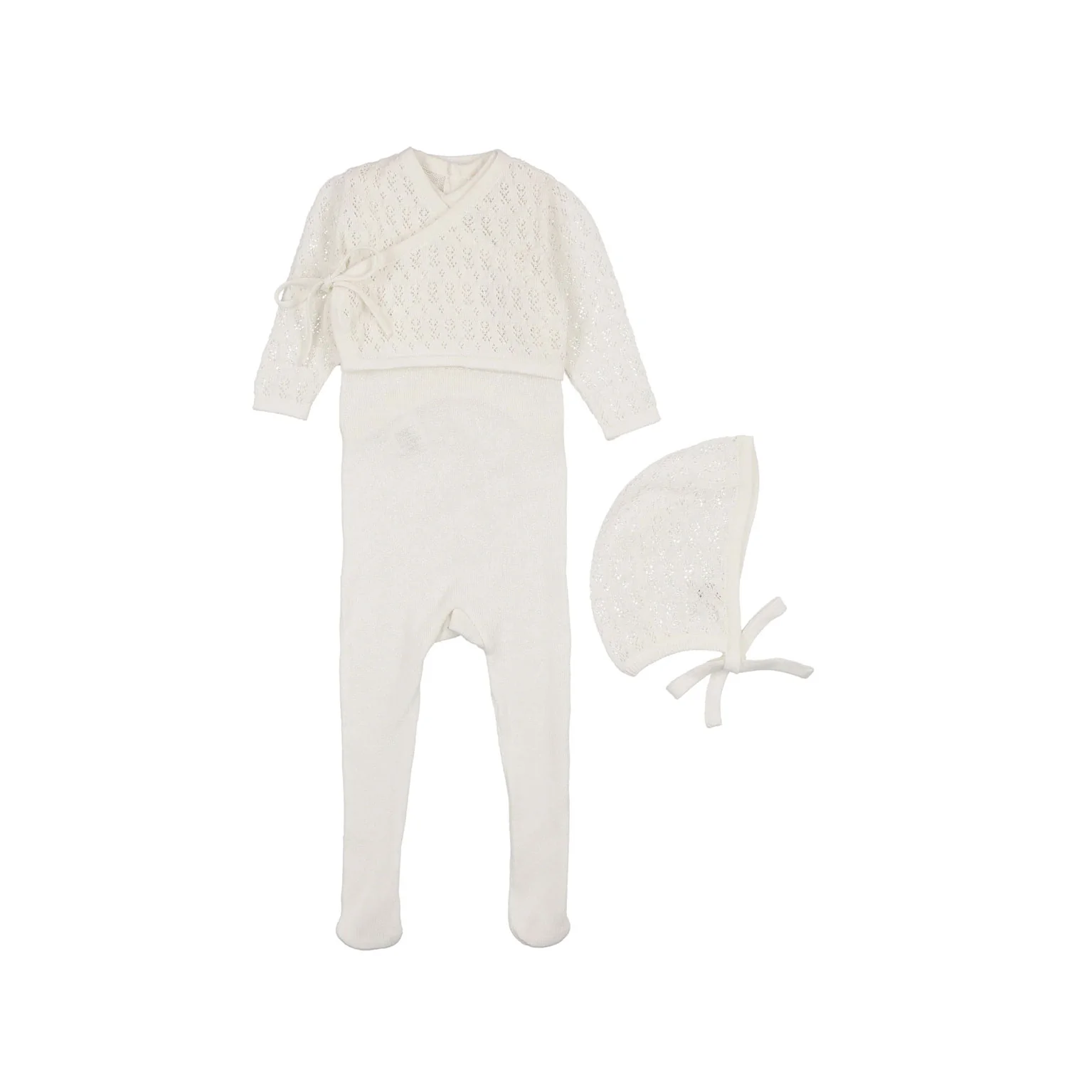 Mema Knits Winter White Pointelle Two Piece Set + Bonnet (M326)