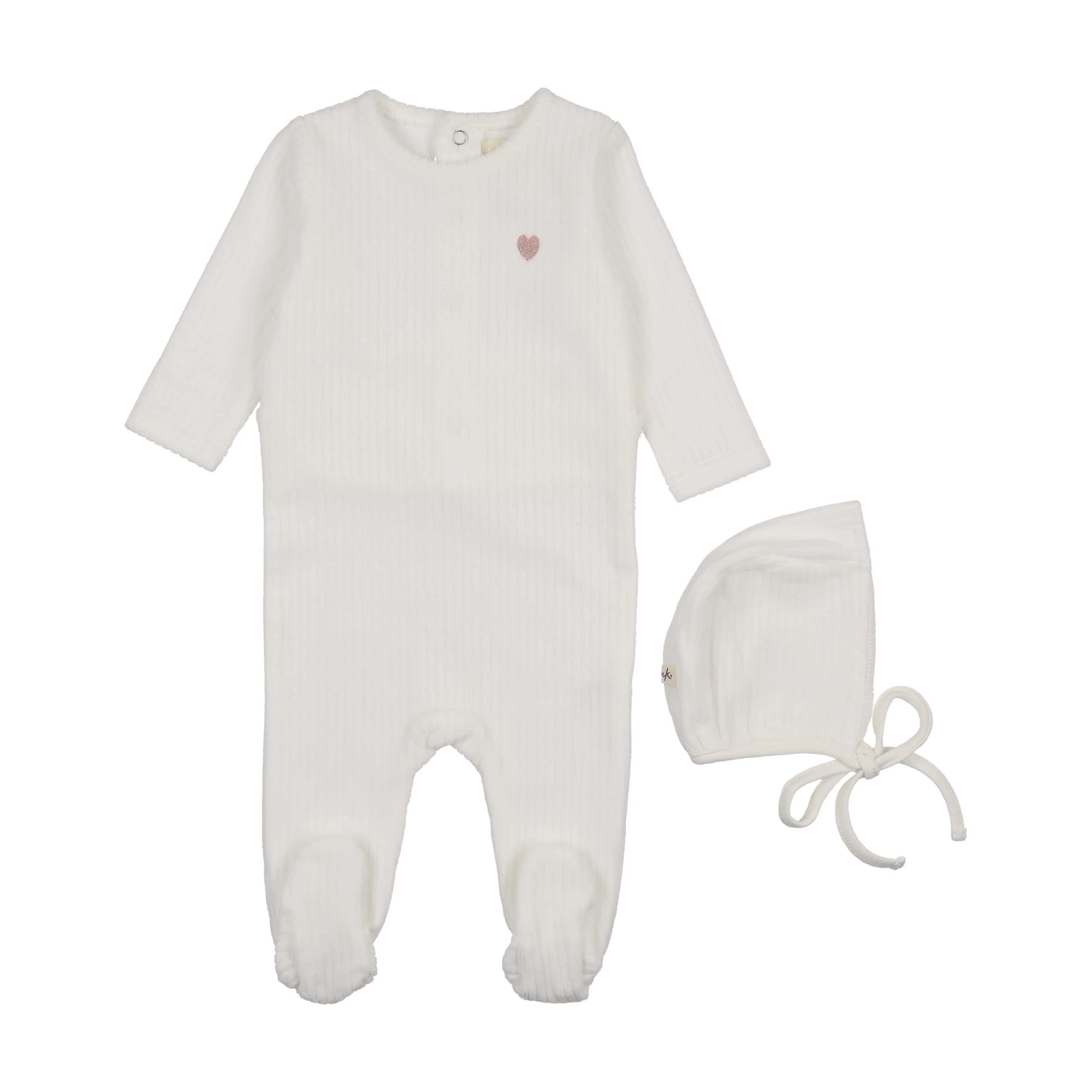 Mema Knits Winter White/ Rose Heart Ribbed Velour Embroidered Footie + Bonnet (M400)