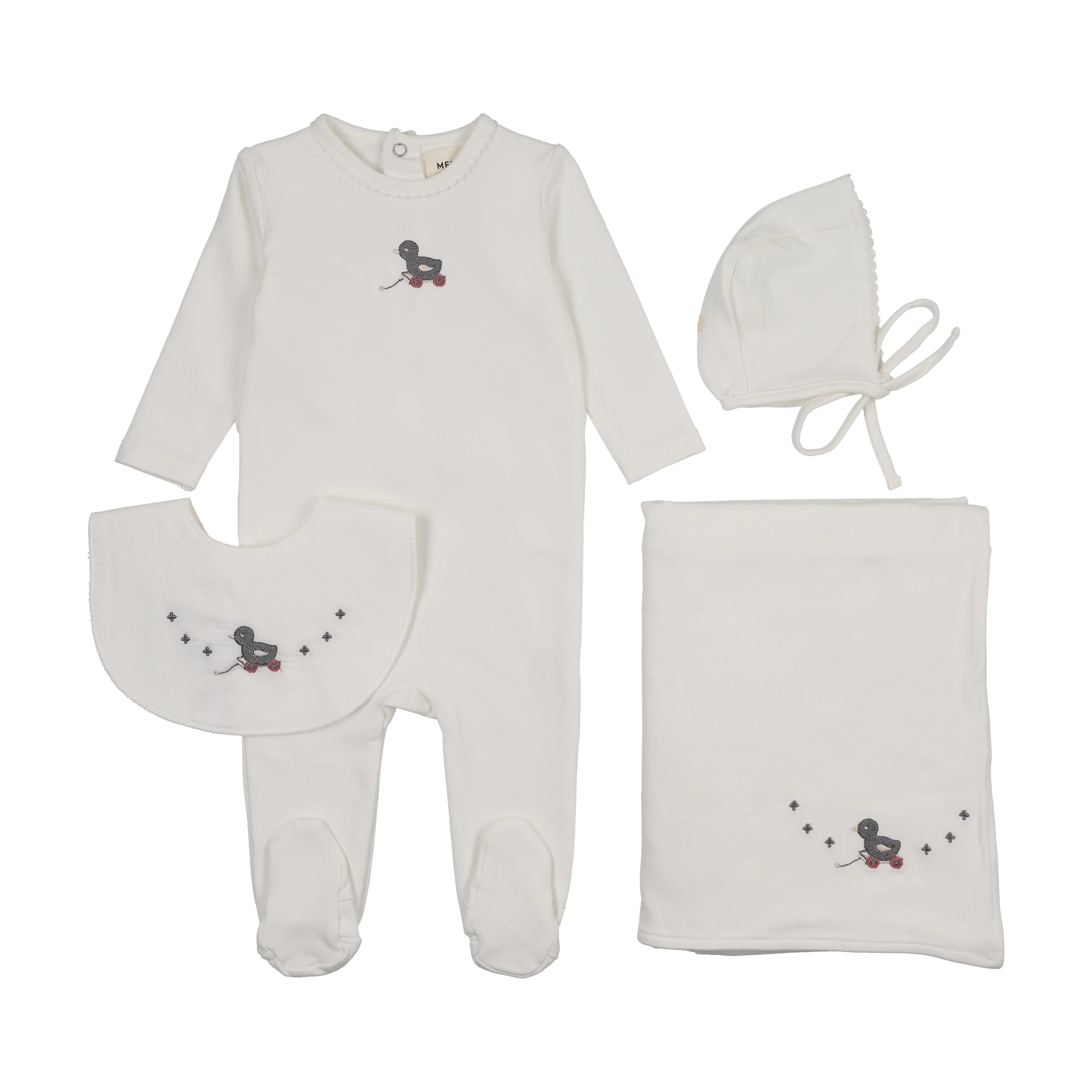 Mema Knits Winter White / Slate Duck Embroidered Duck Four Piece Set (Including Bib) (M454-4Pc)