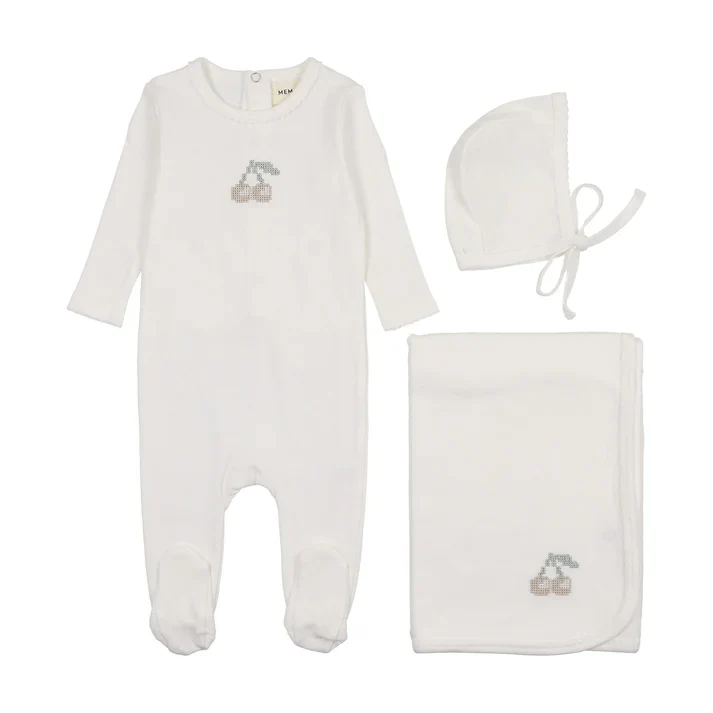 Mema Knits Winter White / Taupe Cherry Velour Embroidered Cherry 3 Pc Set M449-3pc