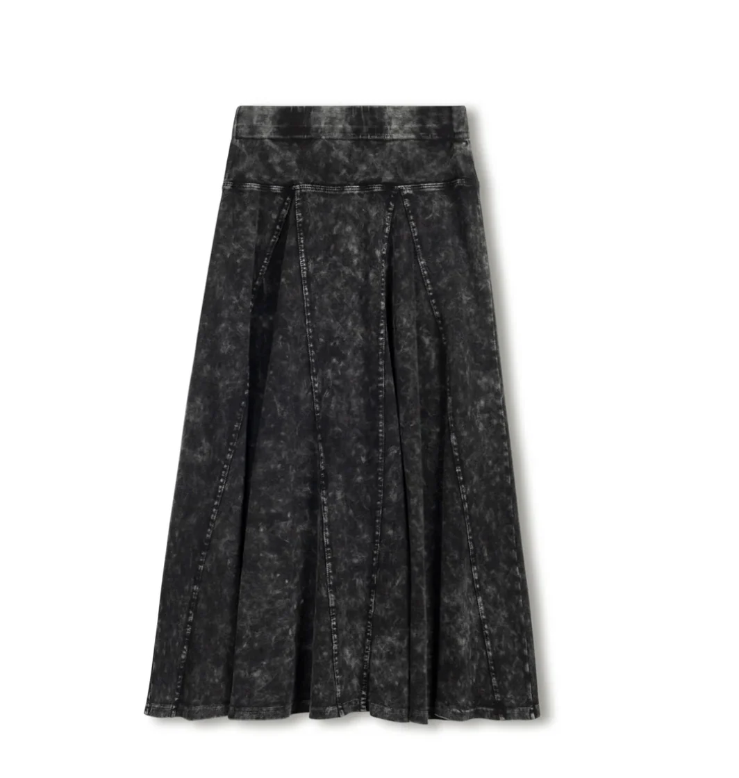 Vibe Mineral Wash Open Panel Midi Skirt- Black Wash