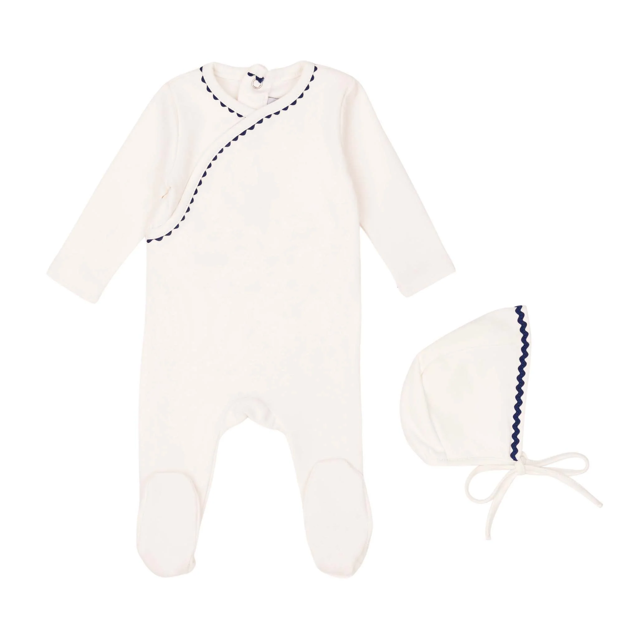 Mini Label Classic Ric Rac Footie and Hat-Blue on White